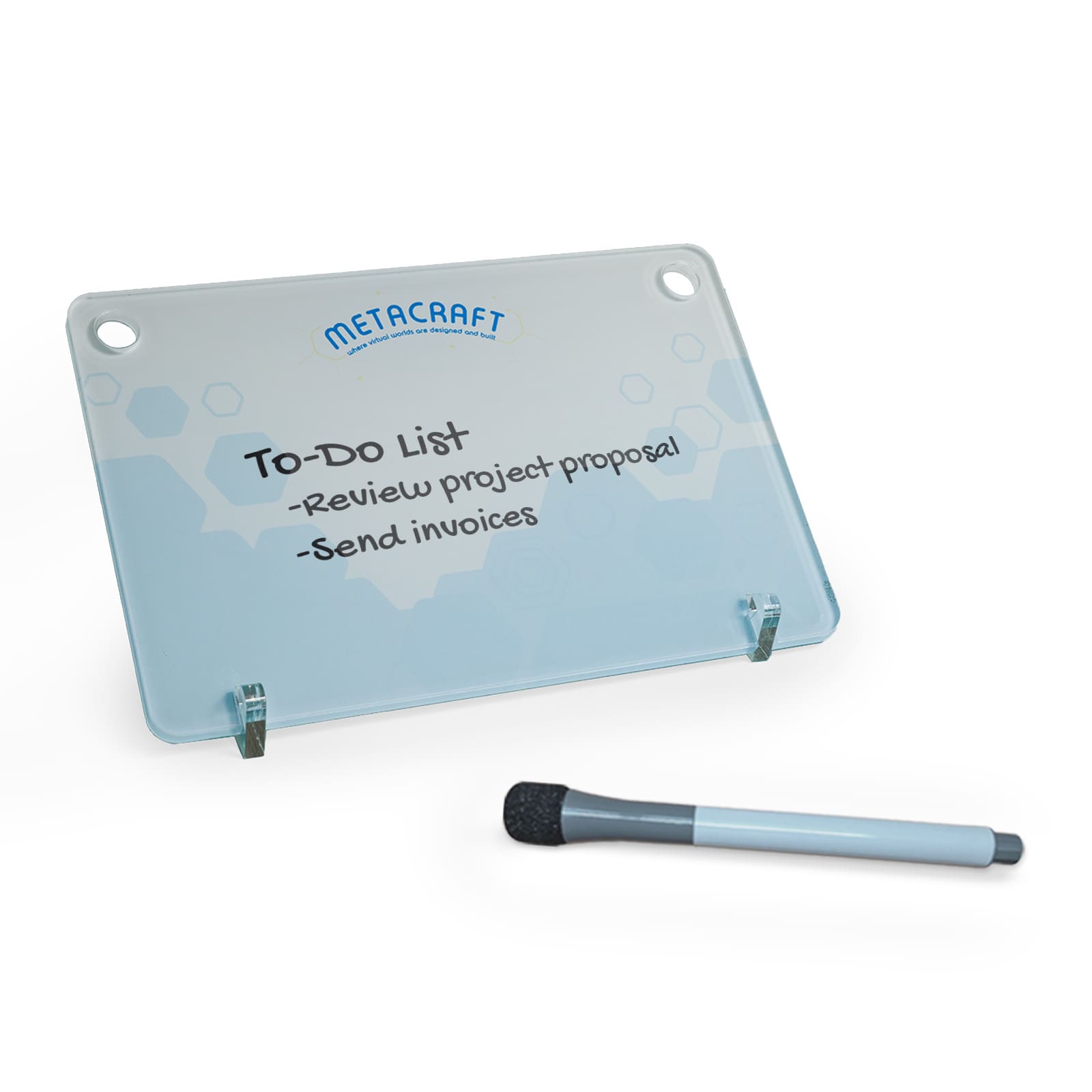 A whiteboard desk sign in light blue with a black marker, featuring a to-do list in black writing.