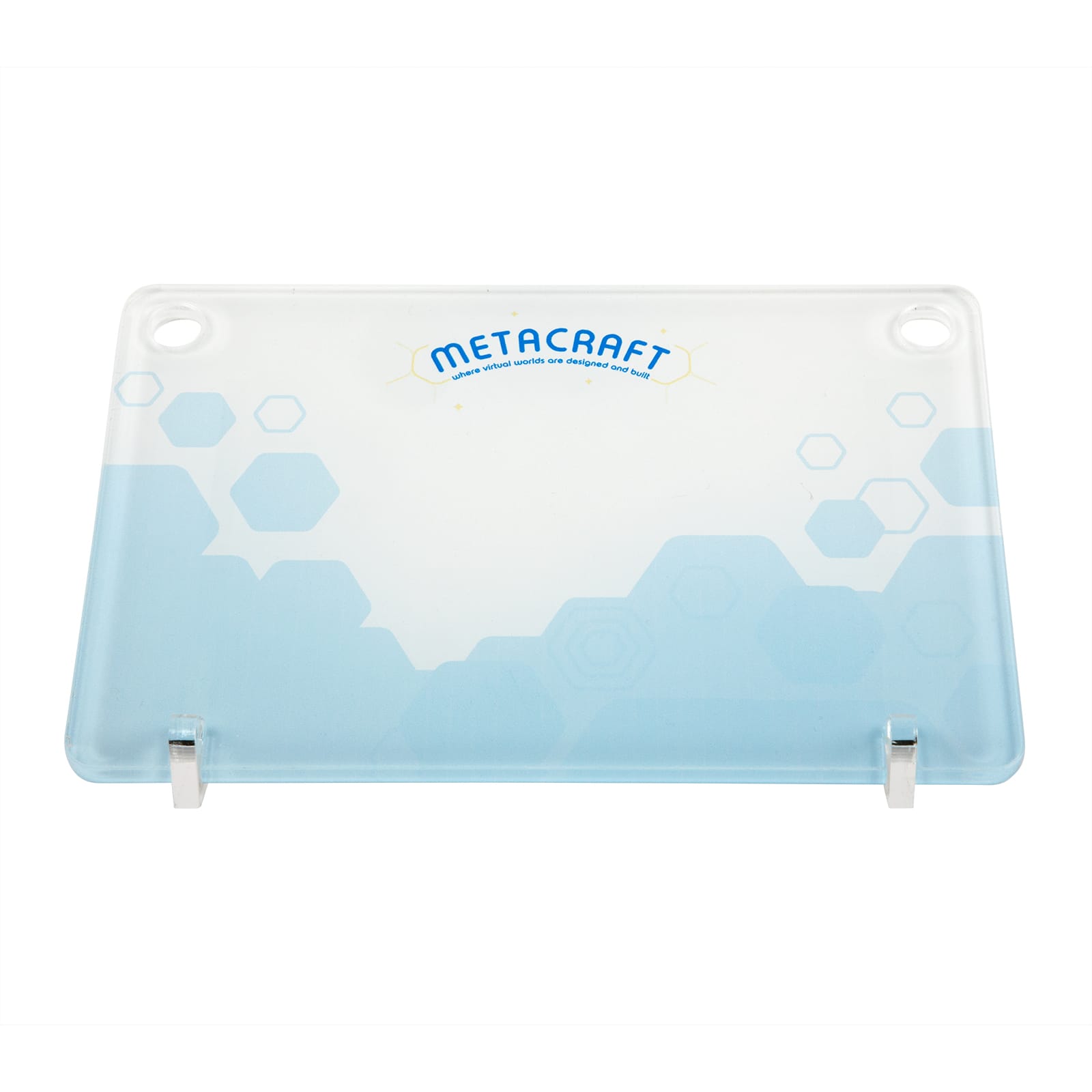 A sleek, light blue note holder with rounded corners and a logo at the top.