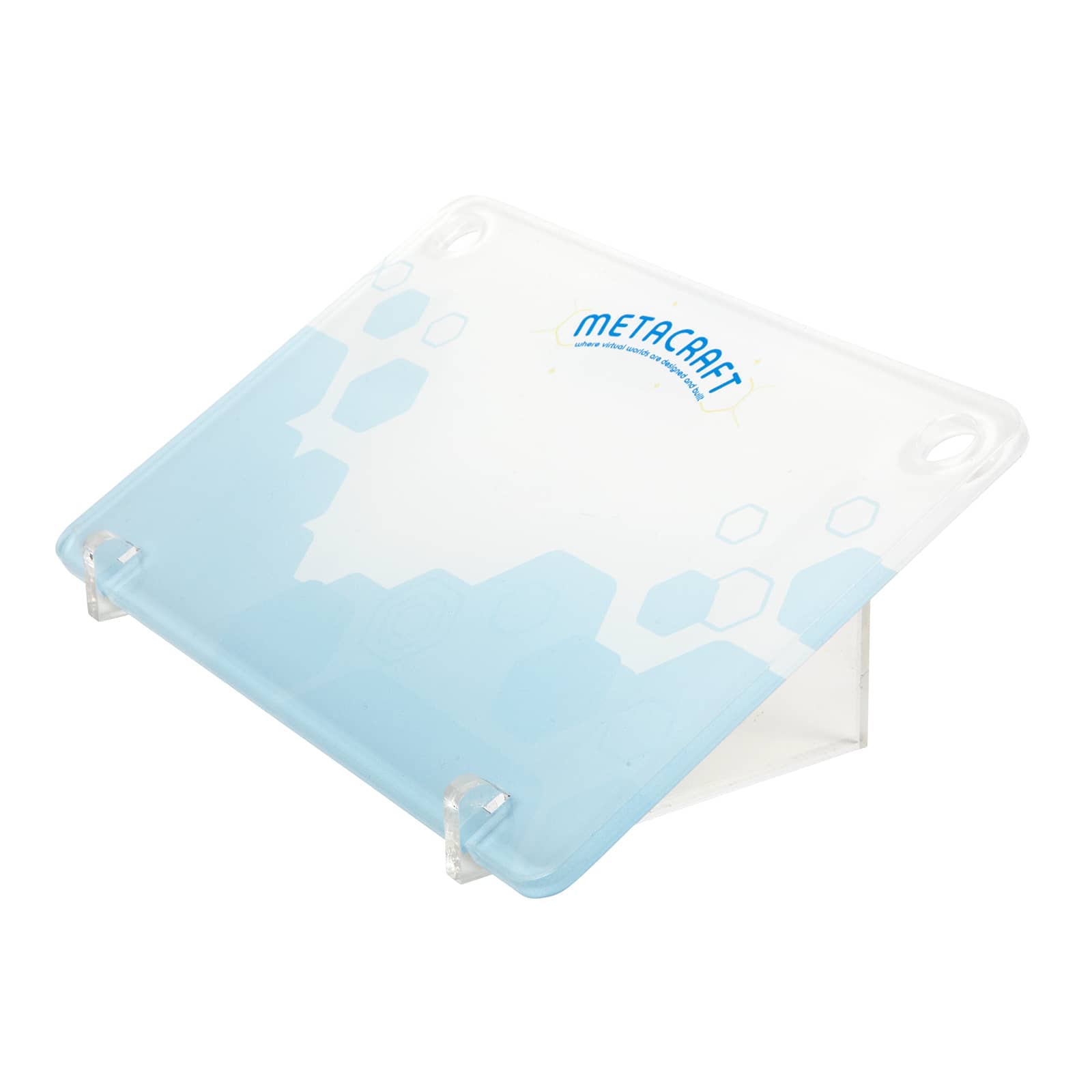 A clear glass desk mat with a blue and white geometric design, featuring the logo 