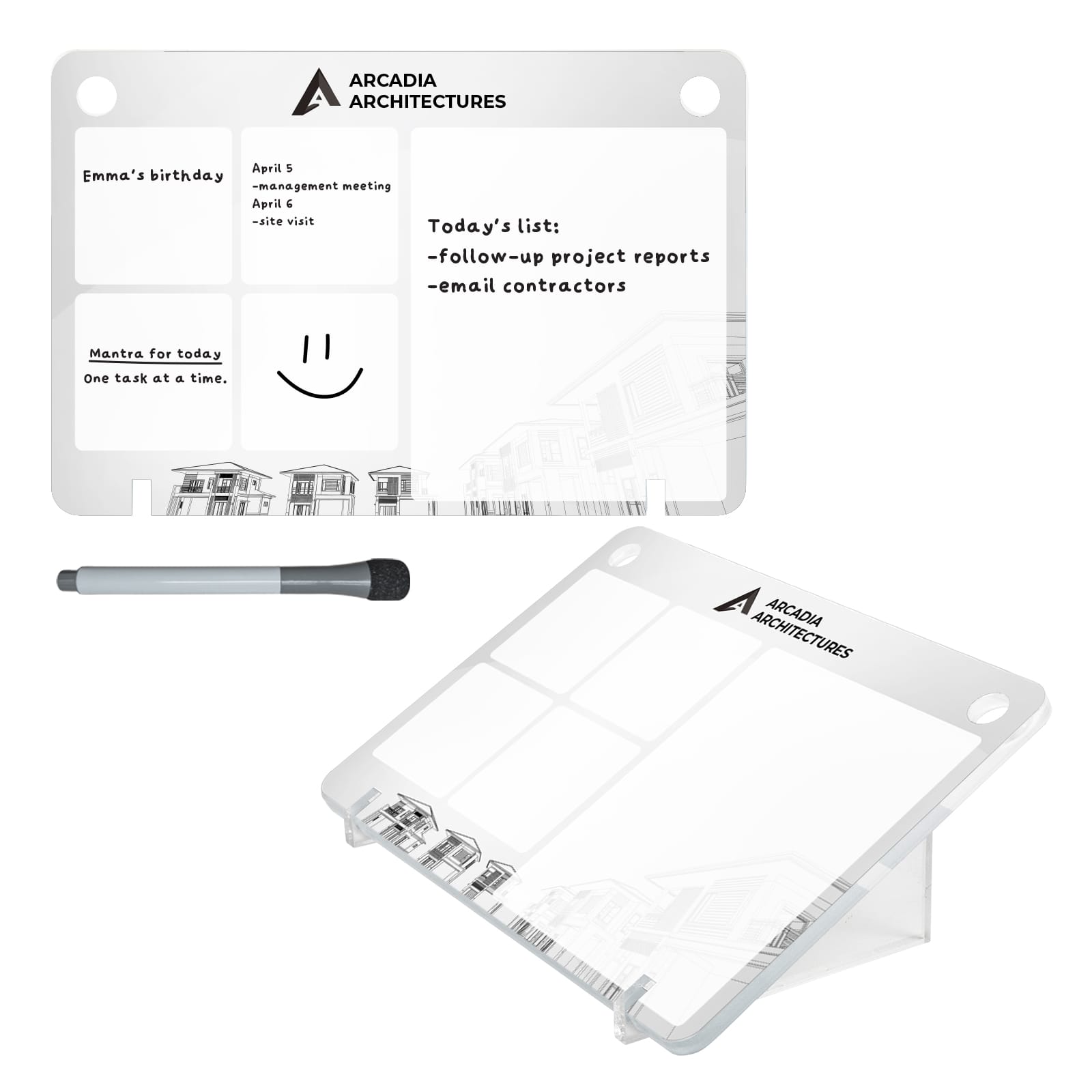 A transparent blue desk organizer with a hexagonal design and a logo at the top. It features clear supports for stability.