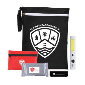 A black pouch contains a flashlight, a red pouch, a silver pack, and a black item, featuring a logo.