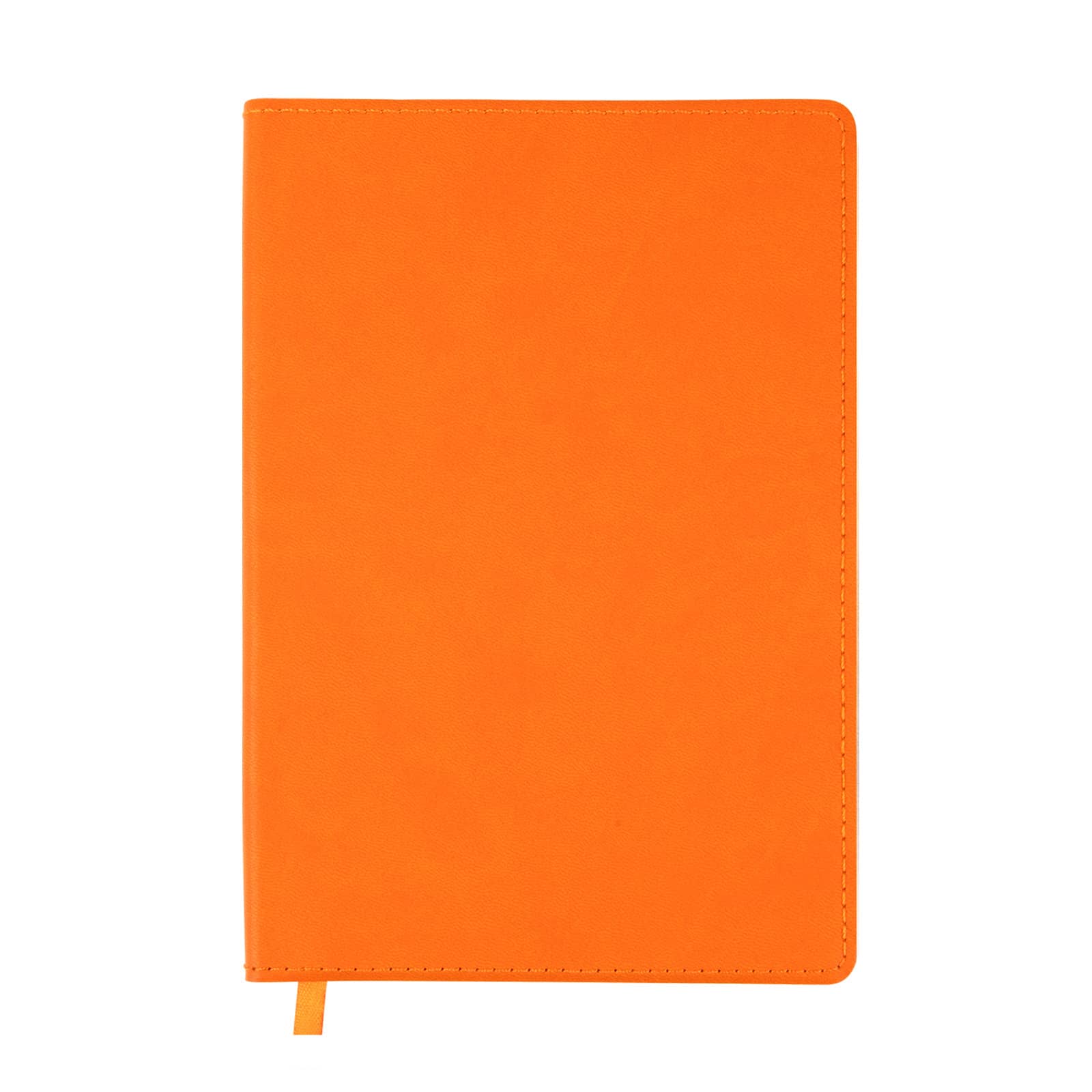 An orange Genesis A5 Notebook featuring a textured cover and a ribbon bookmark.