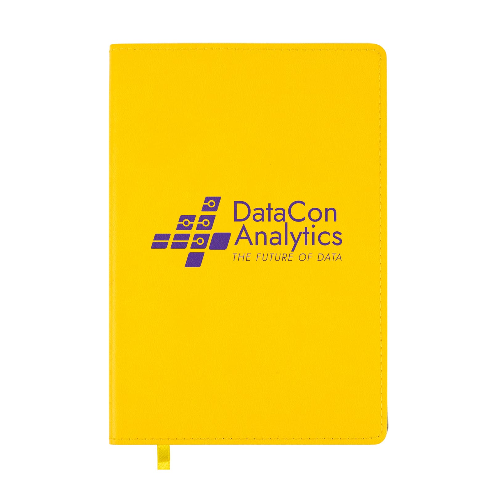 A yellow Genesis A5 Notebook featuring the printed logo of DataCon Analytics, labeled 