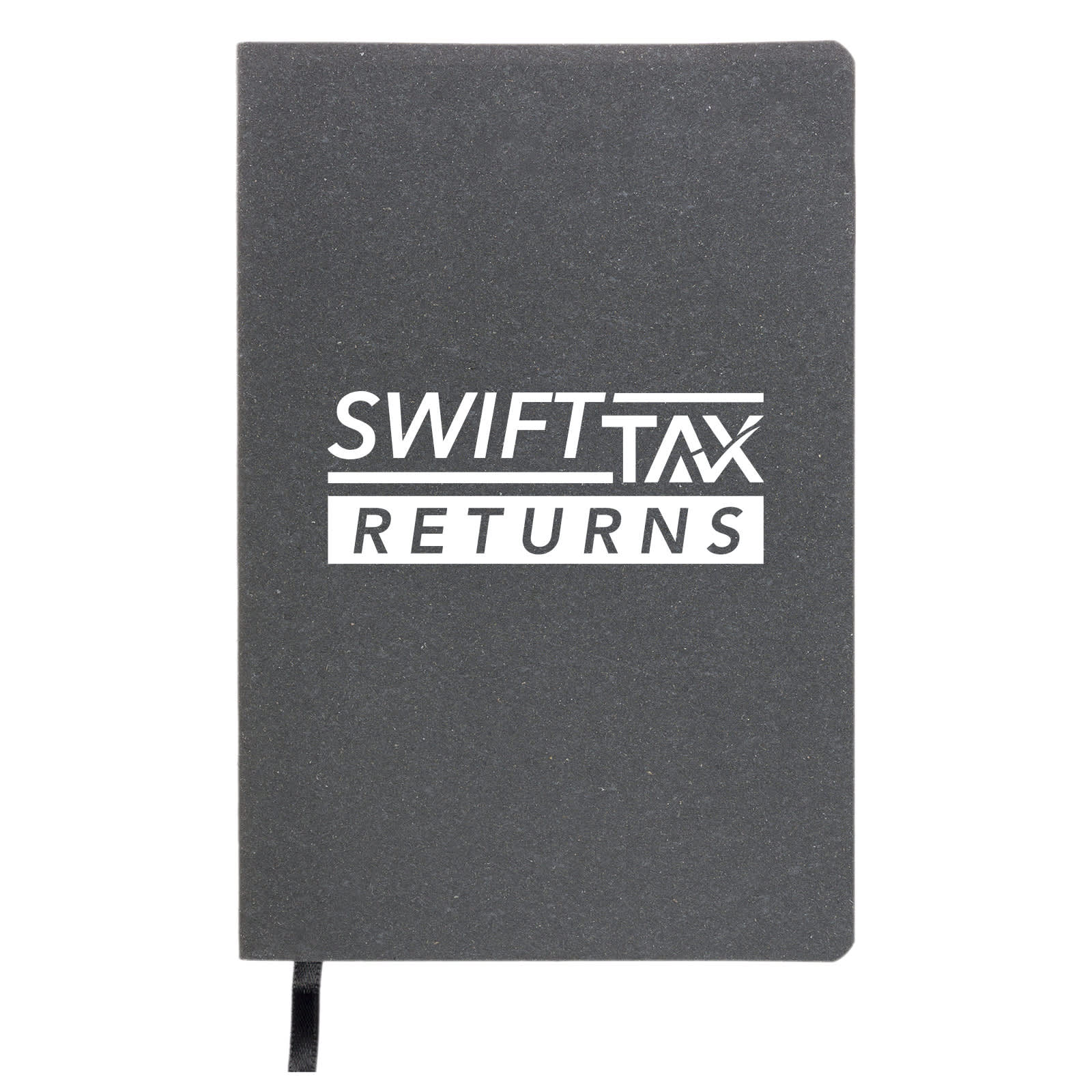 A recycled leather notebook featuring a dark cover with the text 