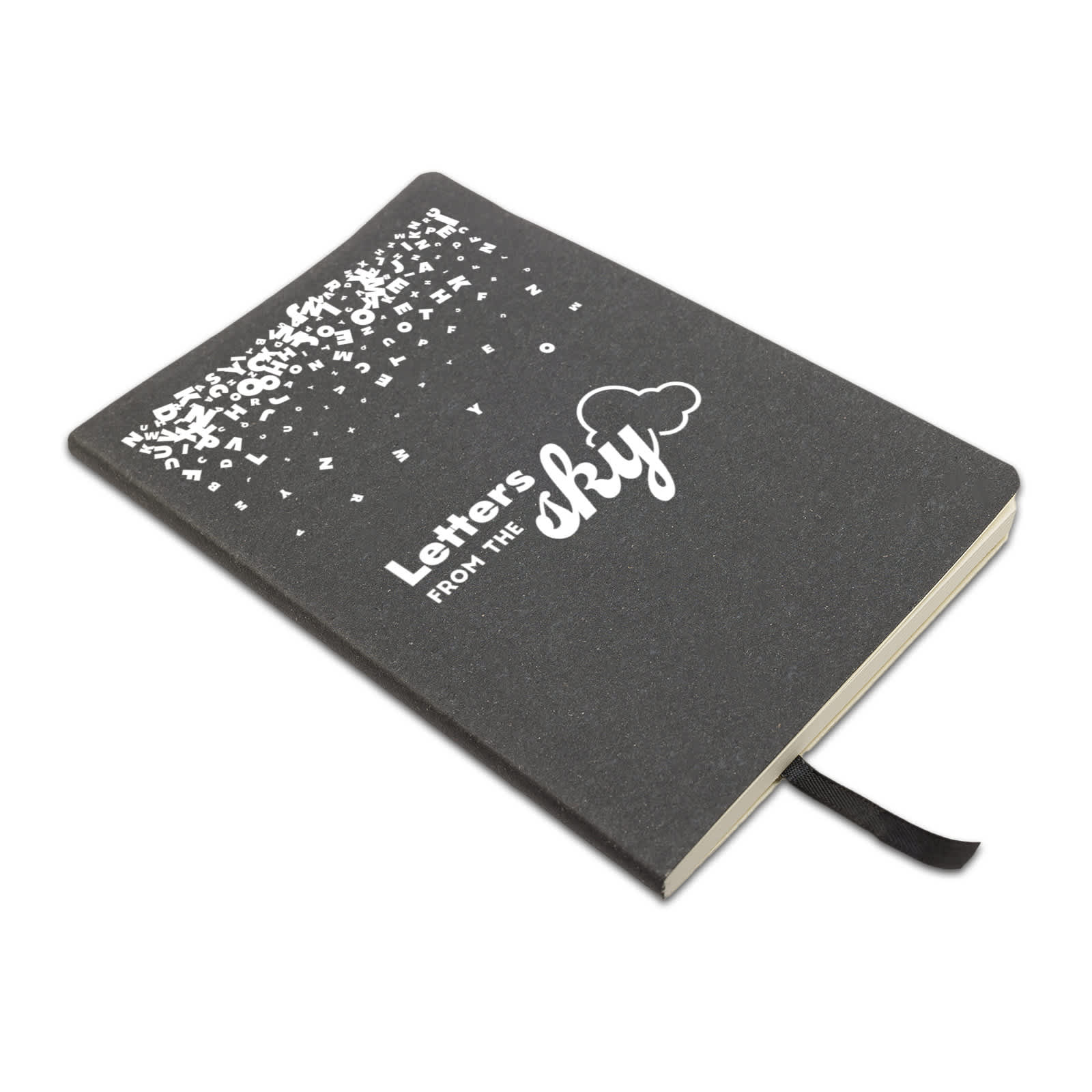 A black recycled leather notebook with a cloud design and a ribbon bookmark. It features the words 