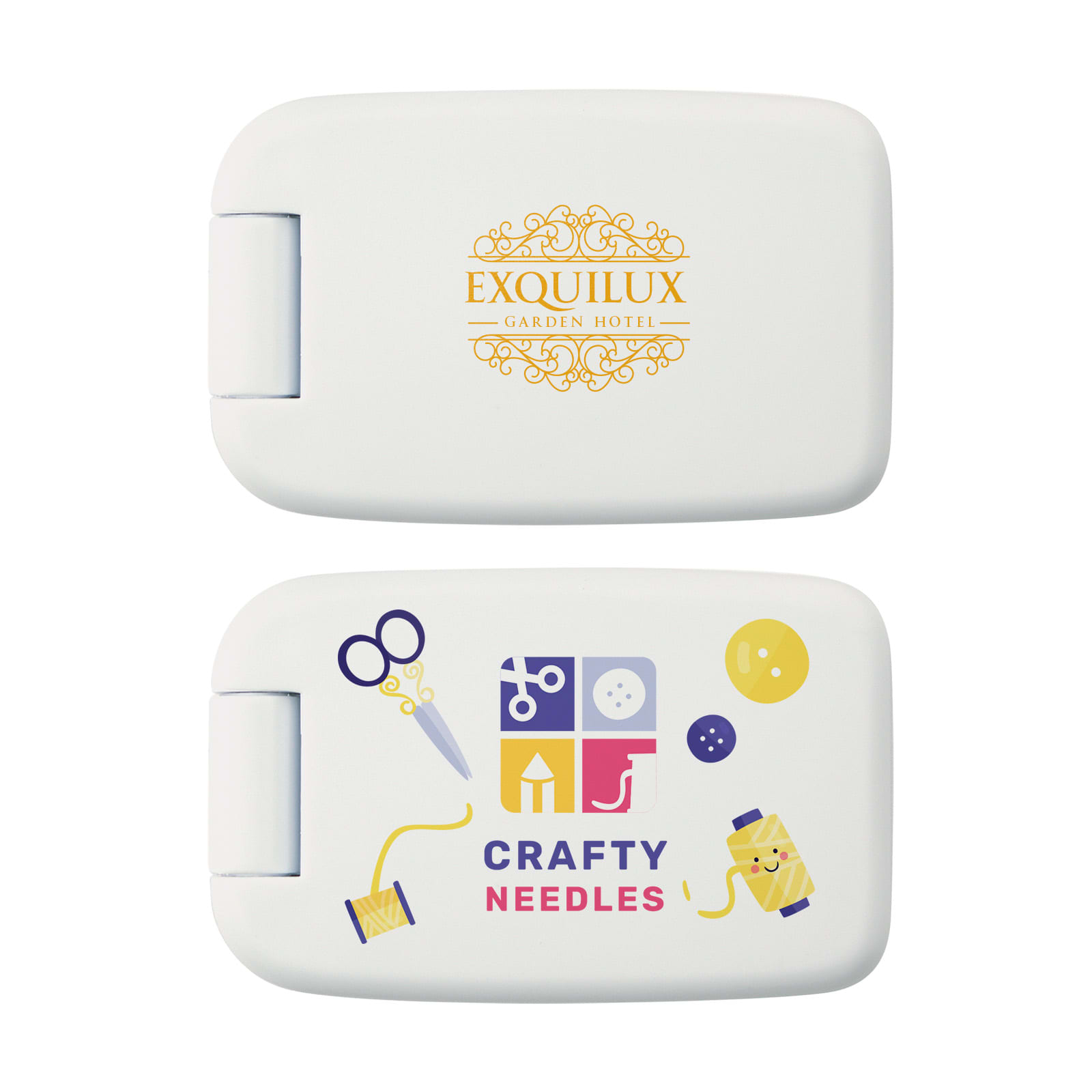 A white sewing kit featuring scissors, buttons, and thread illustrations with a logo on one side.