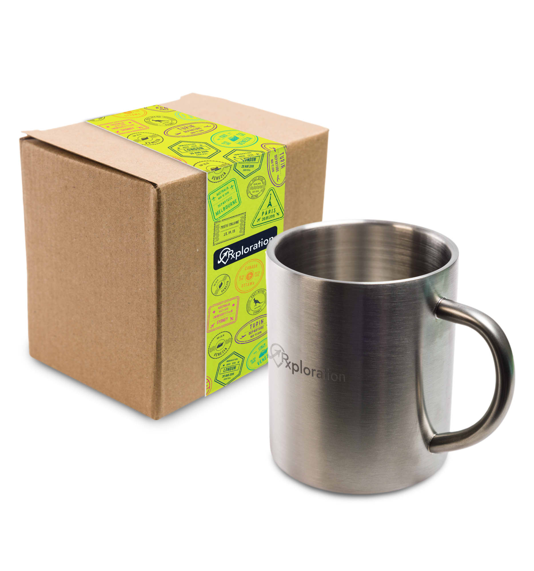 A stainless steel coffee mug accompanied by a brown box featuring colorful graphics and the brand name 
