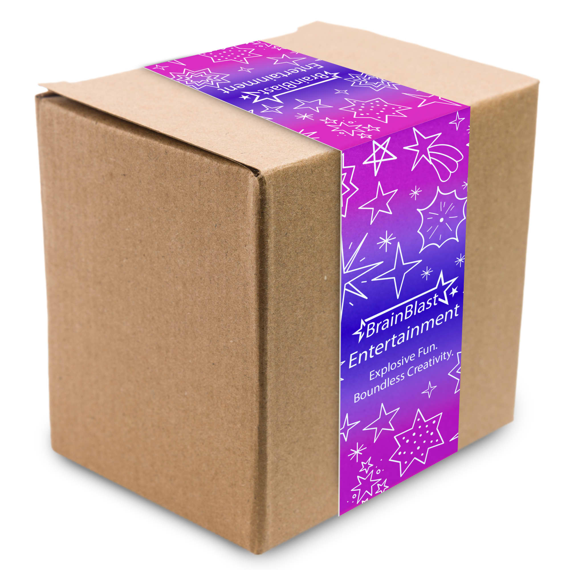 A brown cube box with a colorful purple and pink wrap featuring stars and text on one side.