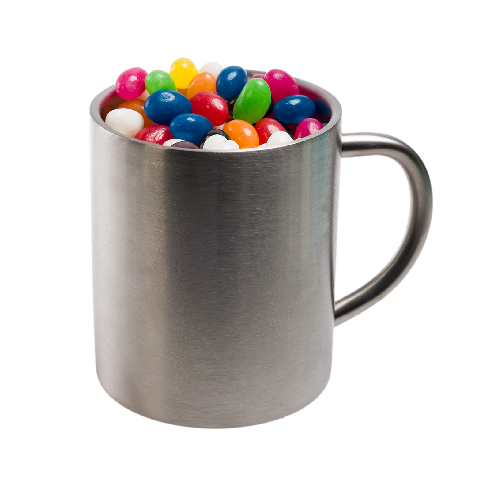 A Java mug filled with assorted colour mini jelly beans, showcasing a variety of vibrant candy colors.