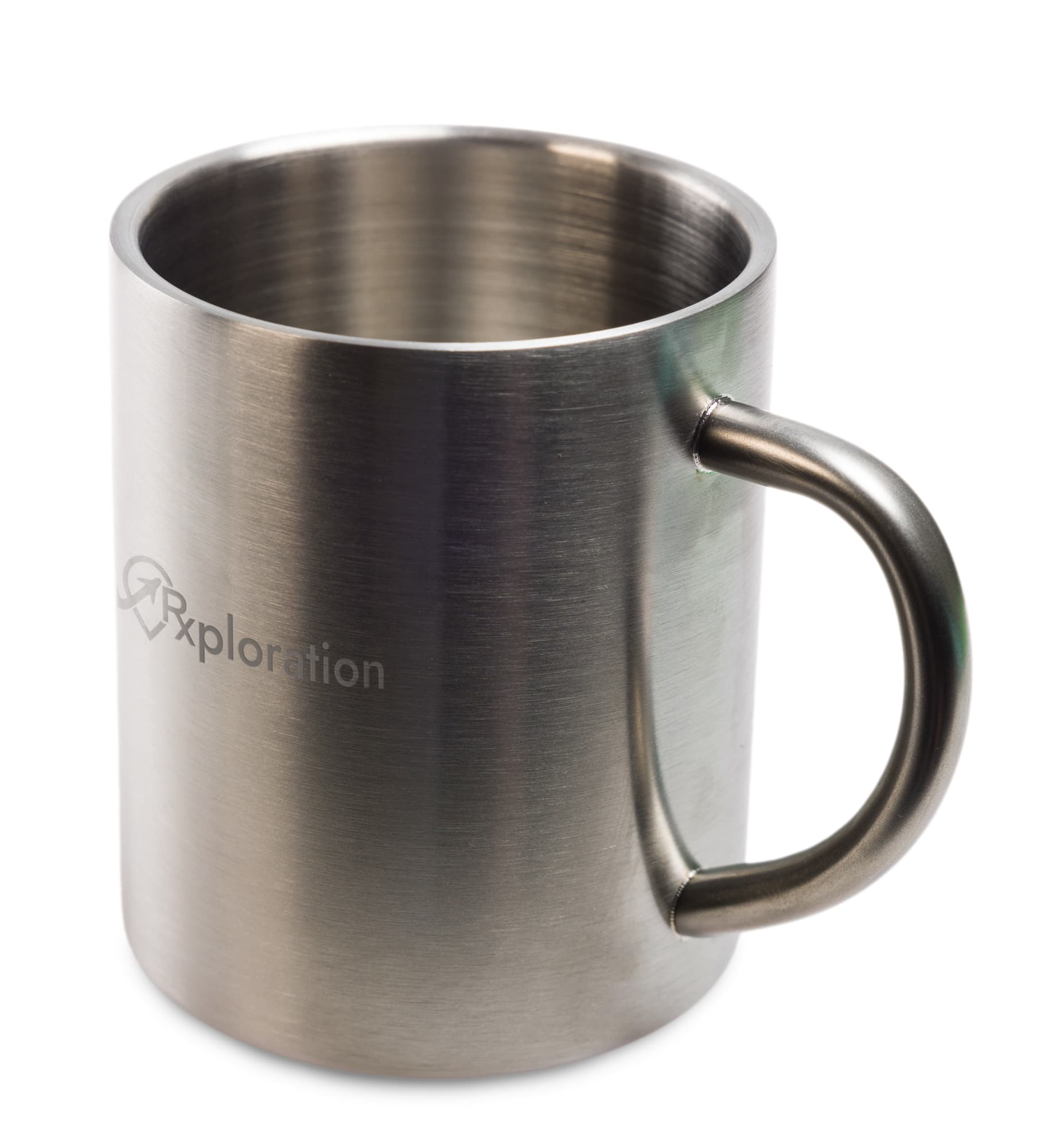 A stainless steel coffee mug with a sleek finish and a handle, featuring the logo 