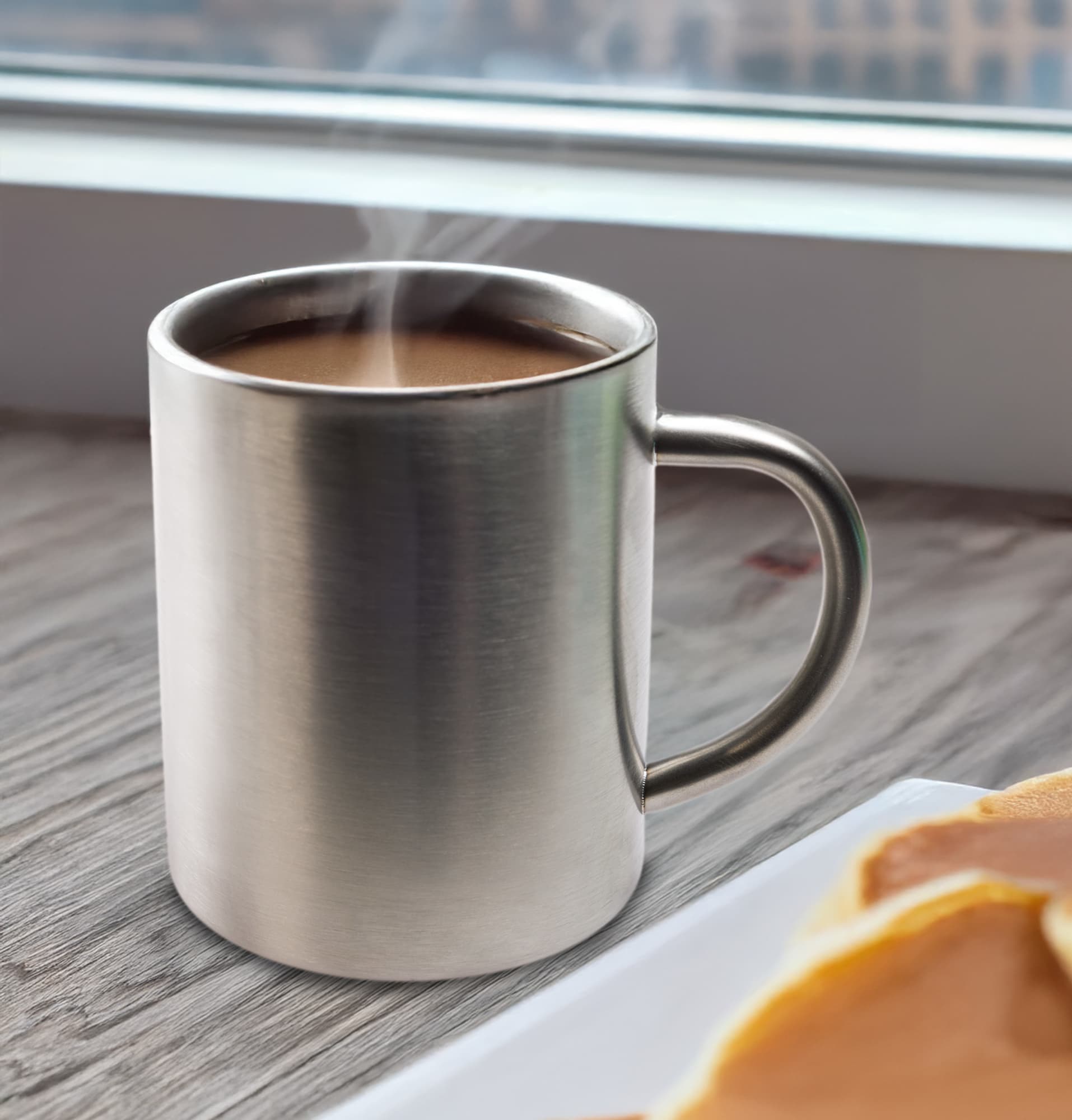 A stainless steel coffee mug with steam rising from the hot beverage inside, positioned near a plate of pancakes.