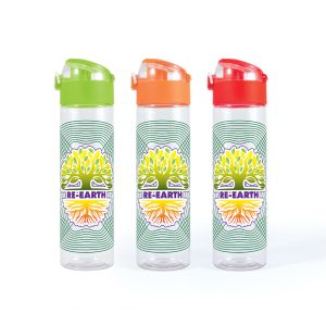 A drink bottle with a colorful tree design, available in green, orange, and red with a branding logo.
