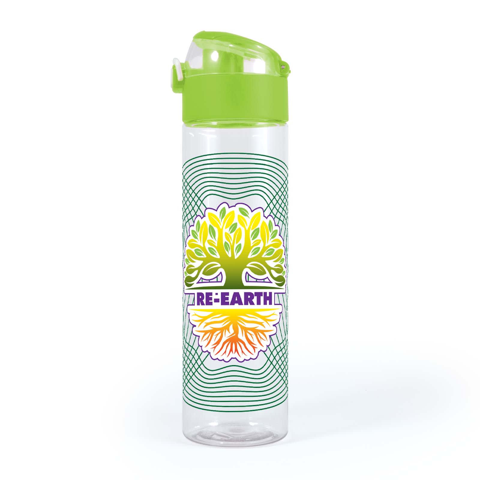 A drink bottle in clear plastic with a green lid and a colorful tree design featuring yellow and green elements.