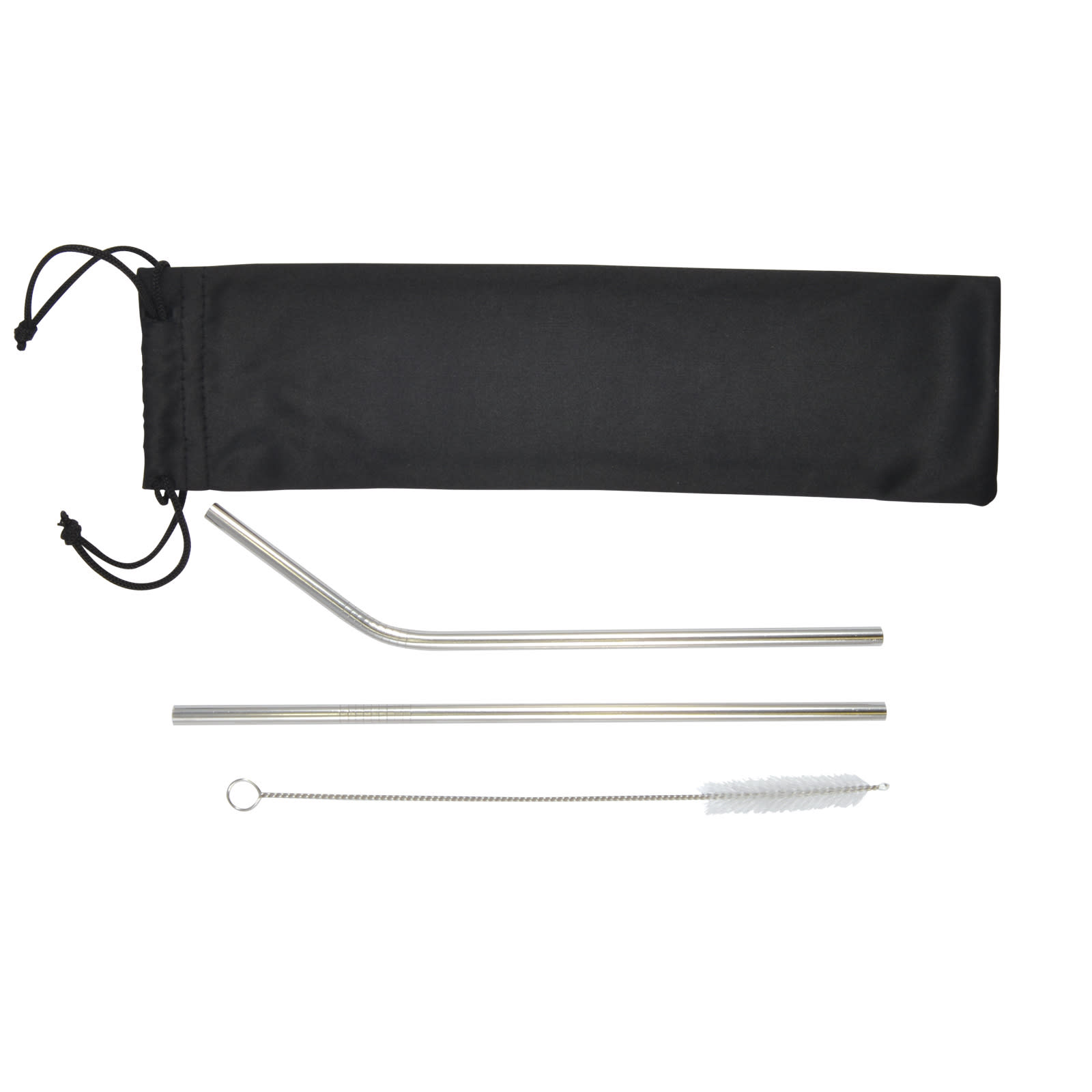 A drink bottle accessory set featuring two stainless steel straws, a cleaning brush, and a black carrying pouch.