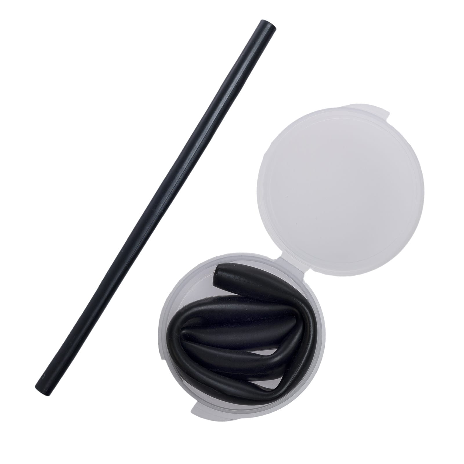 A black silicone straw and a transparent case containing coiled silicone straws.