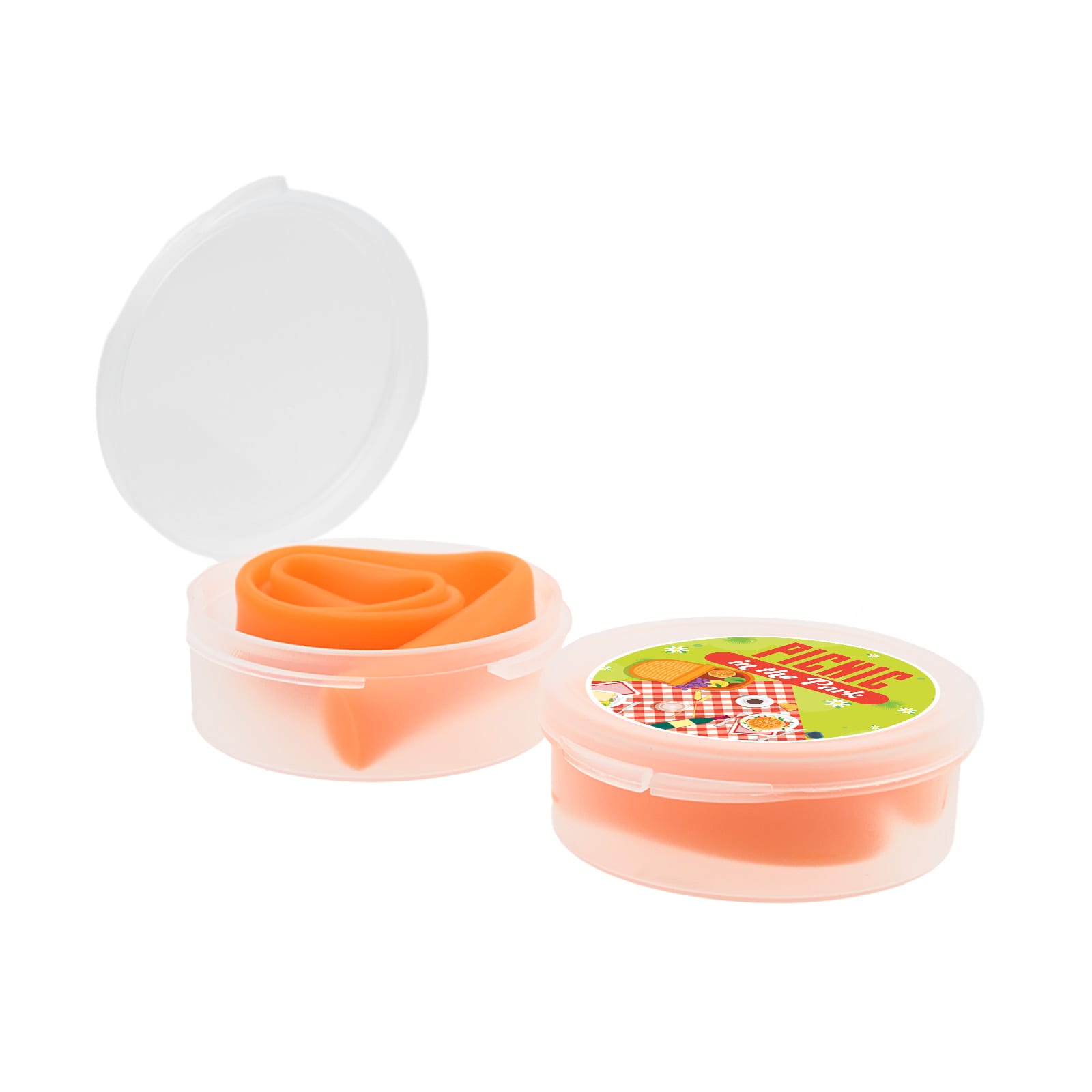 A silicone straw in case, featuring a light orange straw and a clear plastic container with a lid.