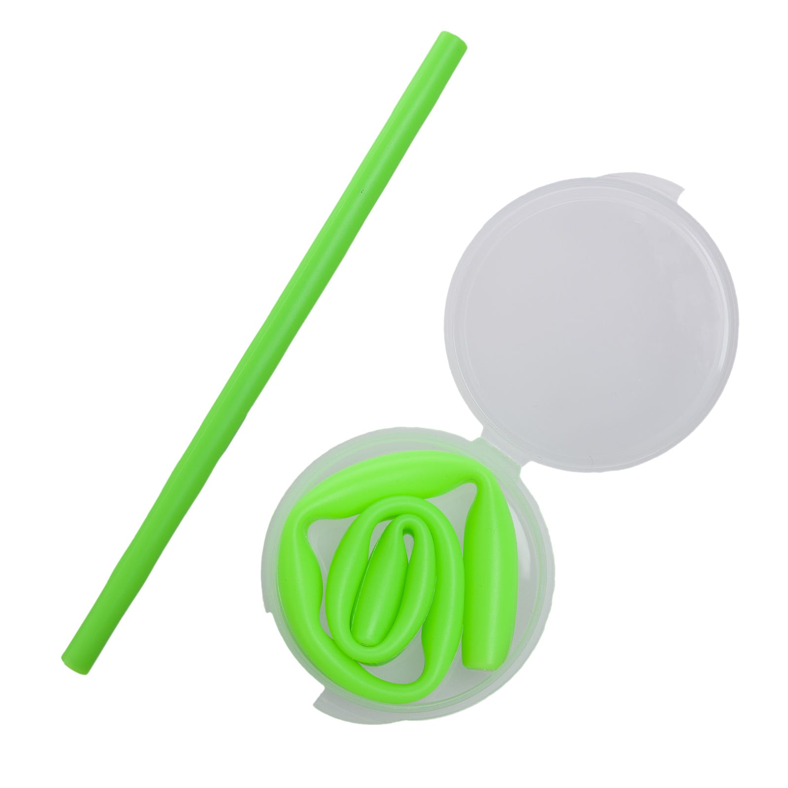 A green silicone straw and a case, with the straw coiled inside the case. The case is clear and round.