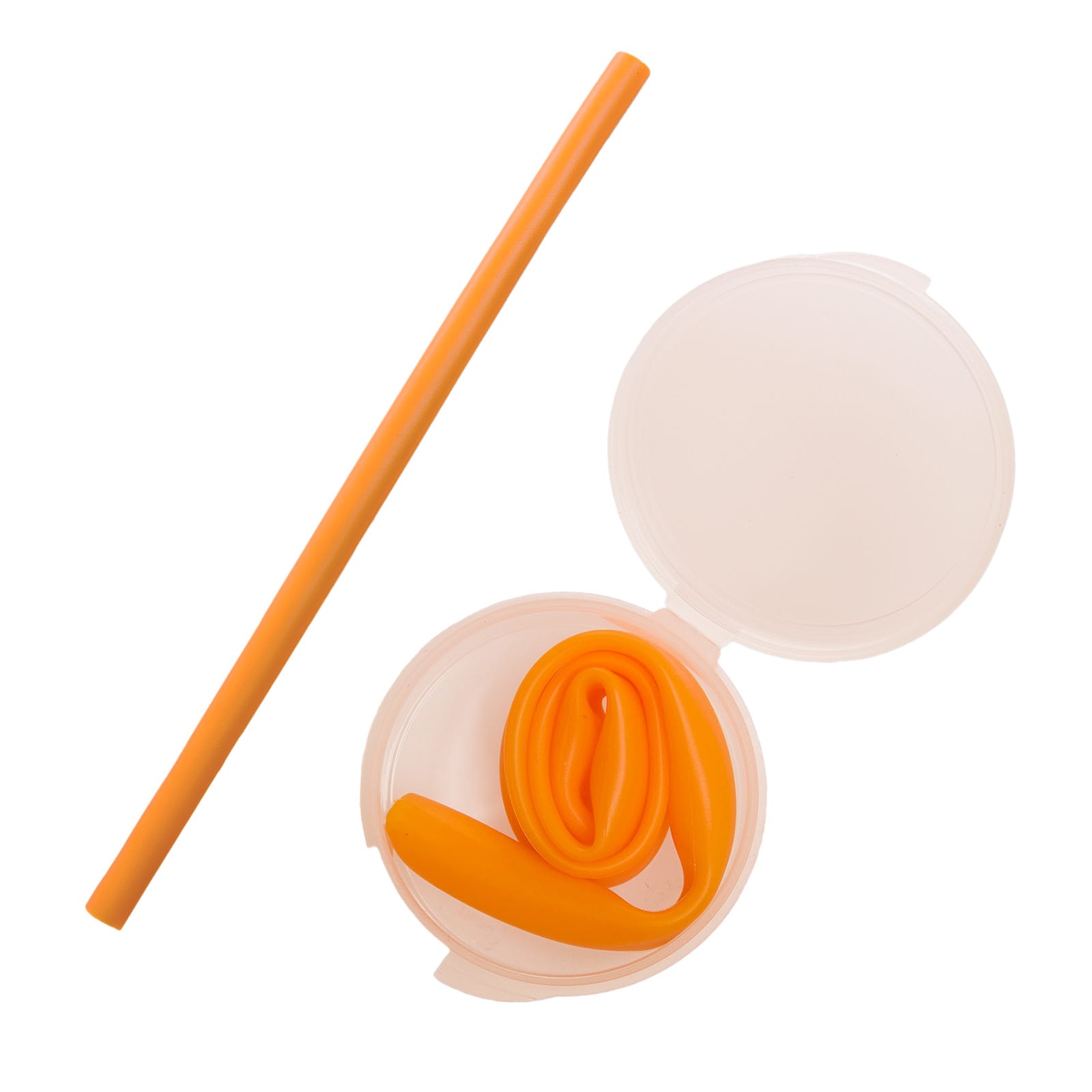 A silicone straw in a case, with the straw coiled inside the container. Both the straw and the case are orange in color.