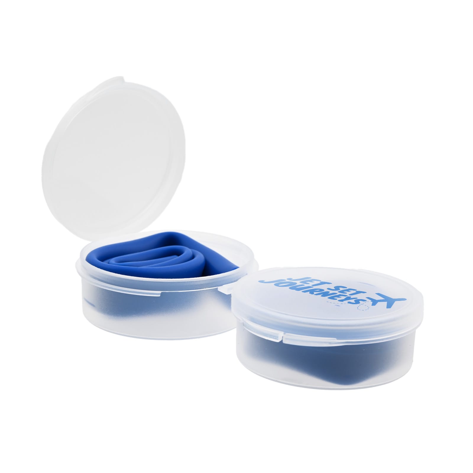 A blue silicone straw neatly rolled and stored in a clear case with the logo 