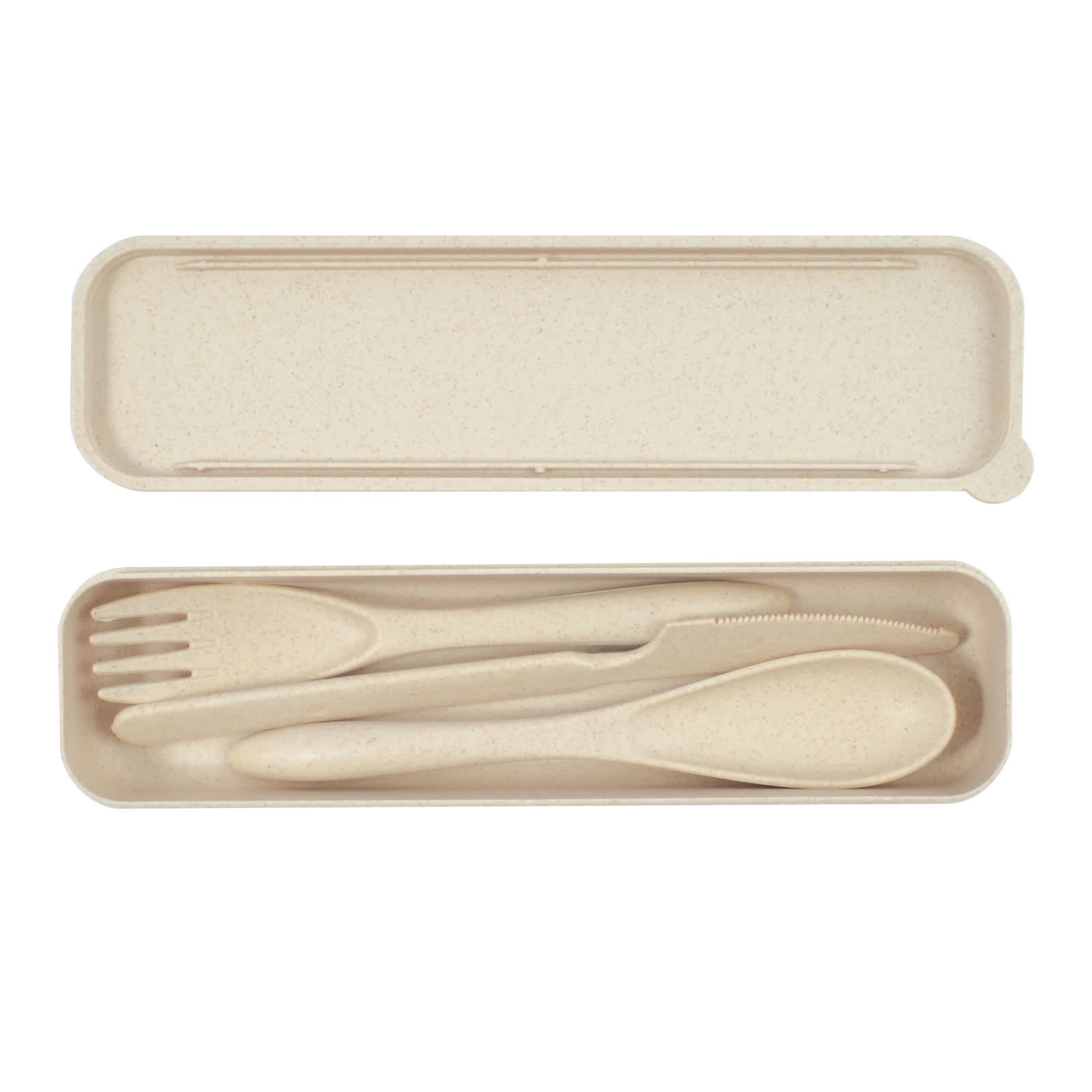 A beige cutlery set in a compact case, featuring a knife, fork, spoon, and chopsticks. The case has a logo.
