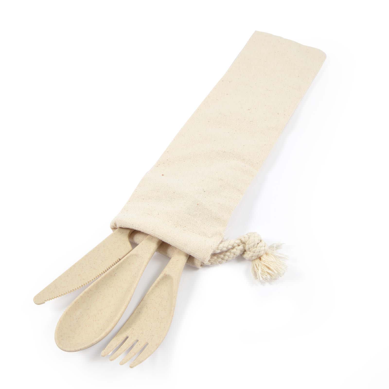 A cutlery set featuring a knife, fork, and spoon made from eco-friendly materials, stored in a natural calico pouch.
