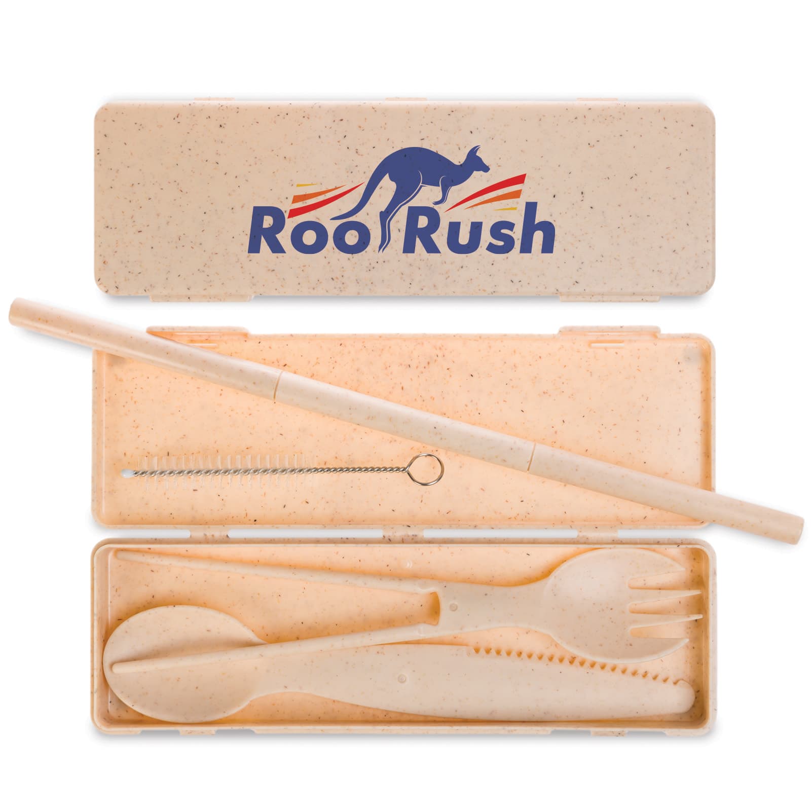 A beige Ramen Cutlery Set in a case, featuring a spoon, fork, knife, straw, and cleaning brush. The case has a logo.