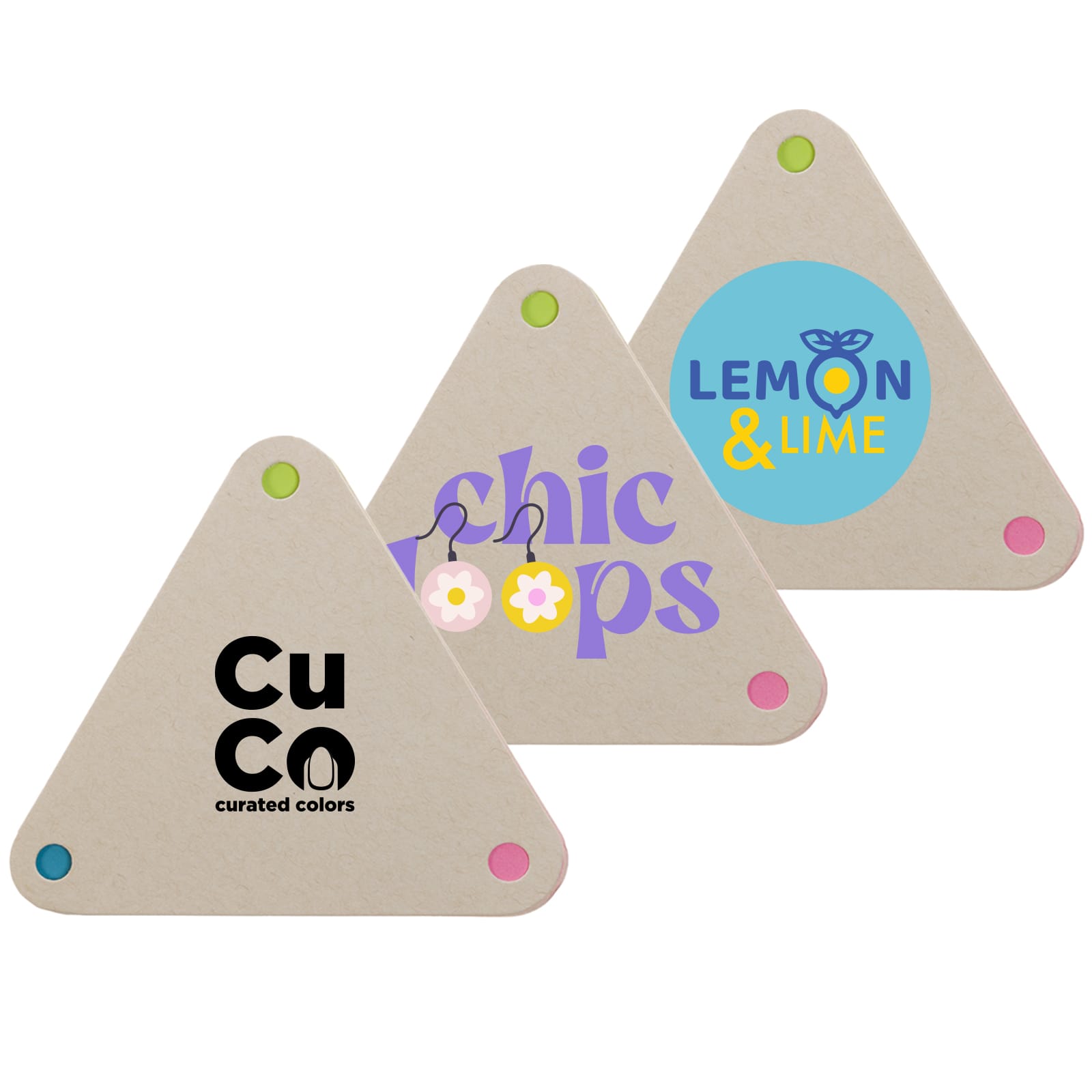 A set of triangular sticky notes featuring pastel colors and various logos on a cream background.