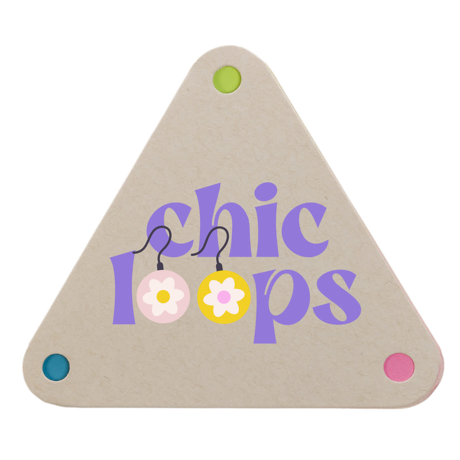 A triangular sticky note pad in beige with colorful corners, featuring the text 