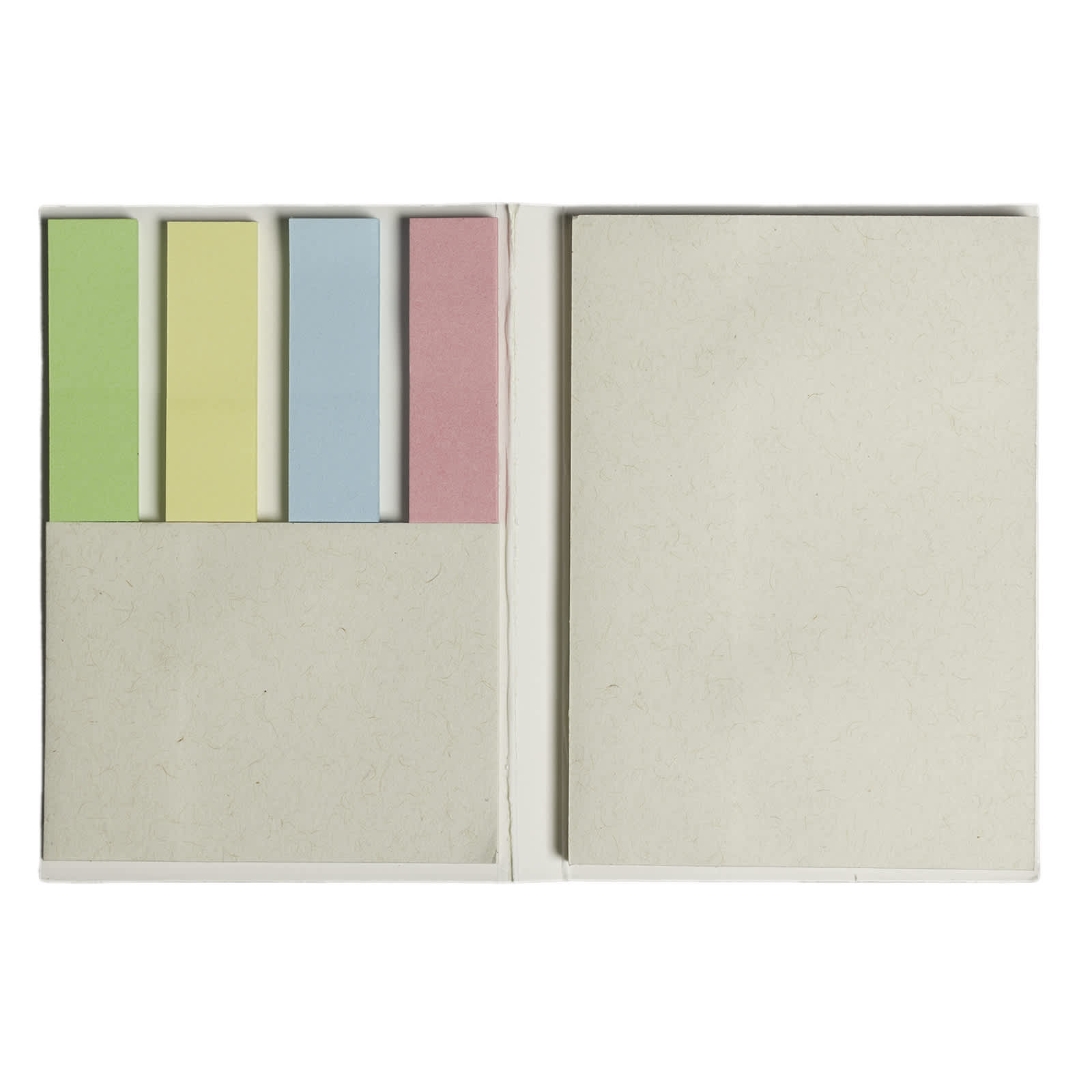 A booklet containing sticky notes in green, yellow, blue, and pink, with a blank notepad section. Features a logo.
