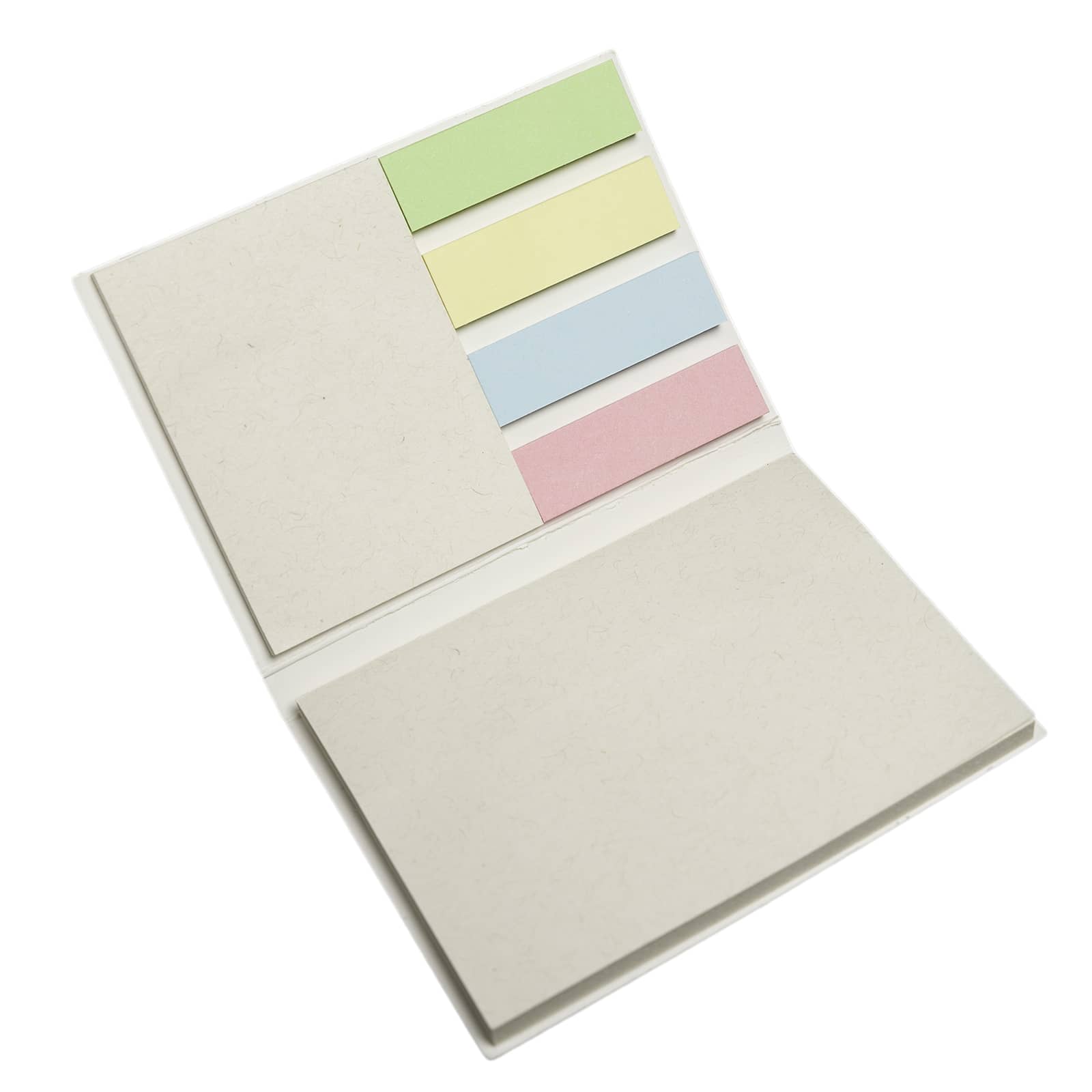 A sticky note booklet featuring pastel-colored notes including green, yellow, blue, and pink on a neutral background.