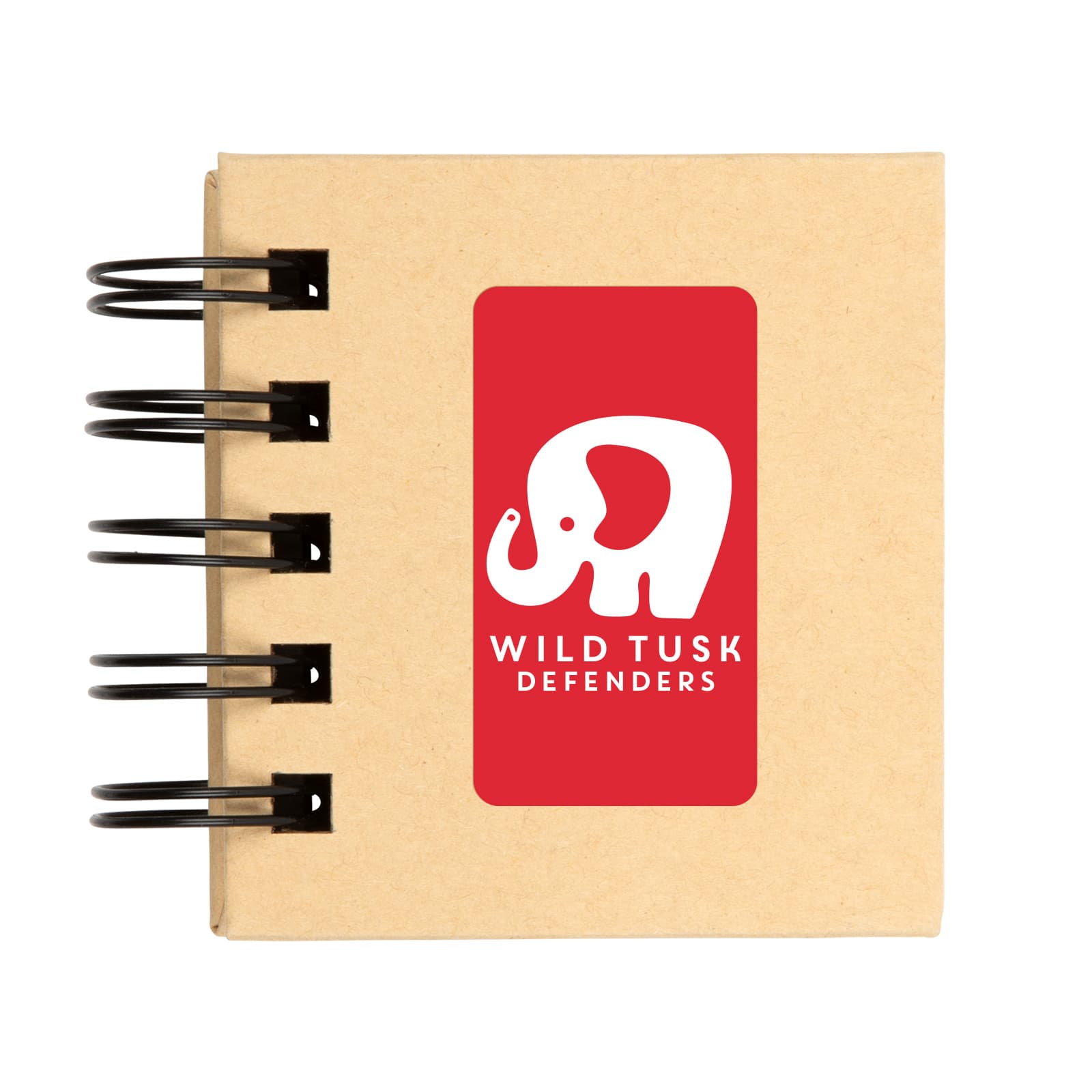 A spiral-bound notebook with a kraft cover featuring a white elephant logo and the text 