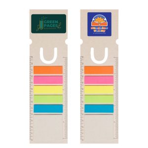 A rectangular bookmark with a ruler, featuring colorful sticky tabs and logos at the top.