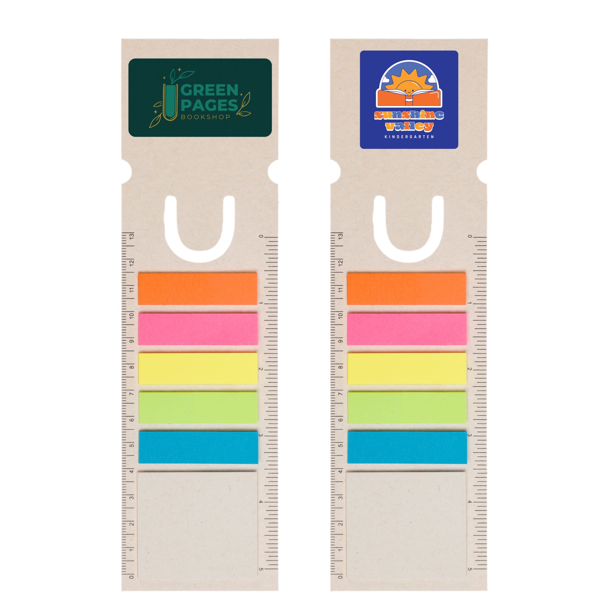 A rectangular bookmark with a ruler, featuring colorful sticky tabs and logos at the top.