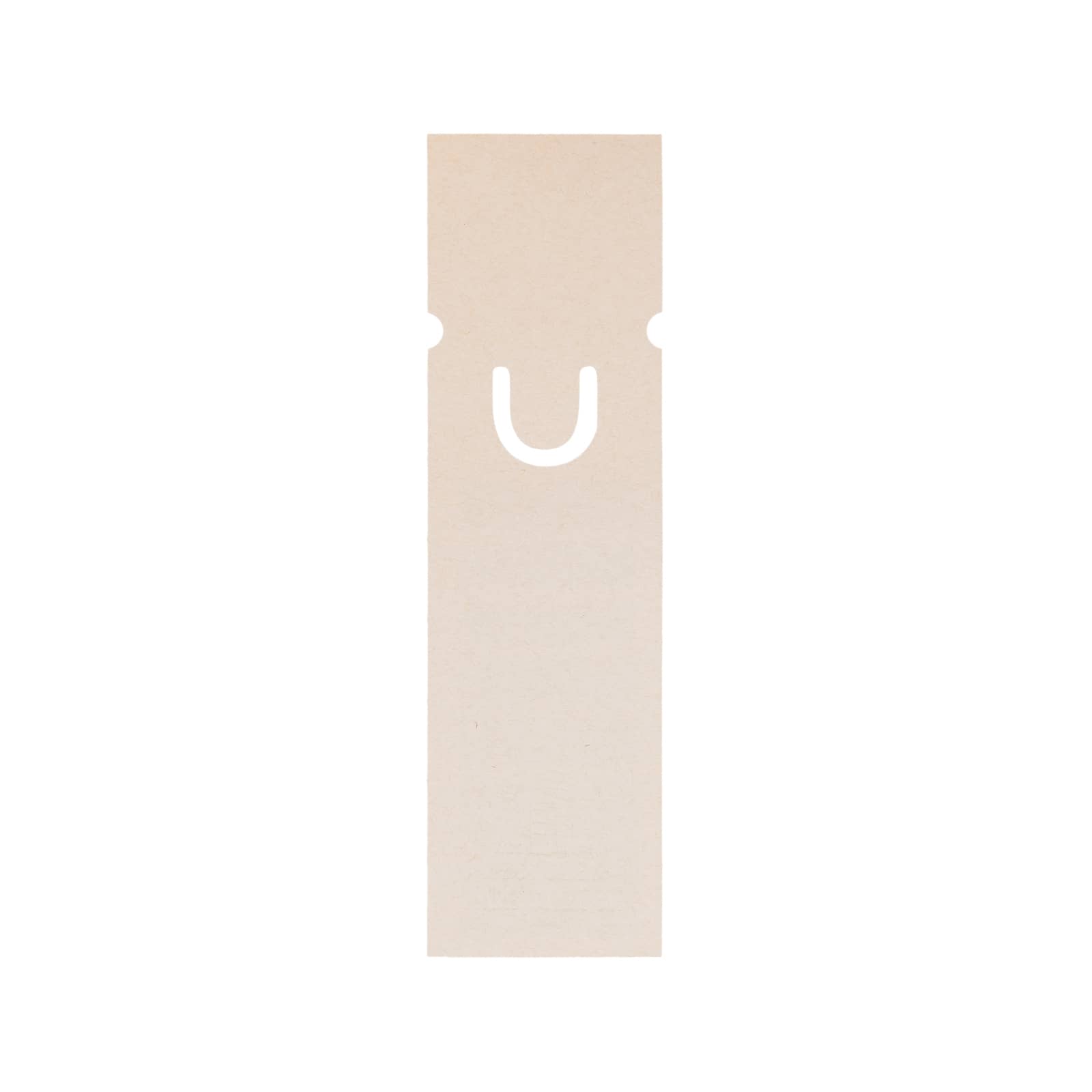 A rectangular bookmark in a light beige color with a cut-out design at the top. It features a logo.