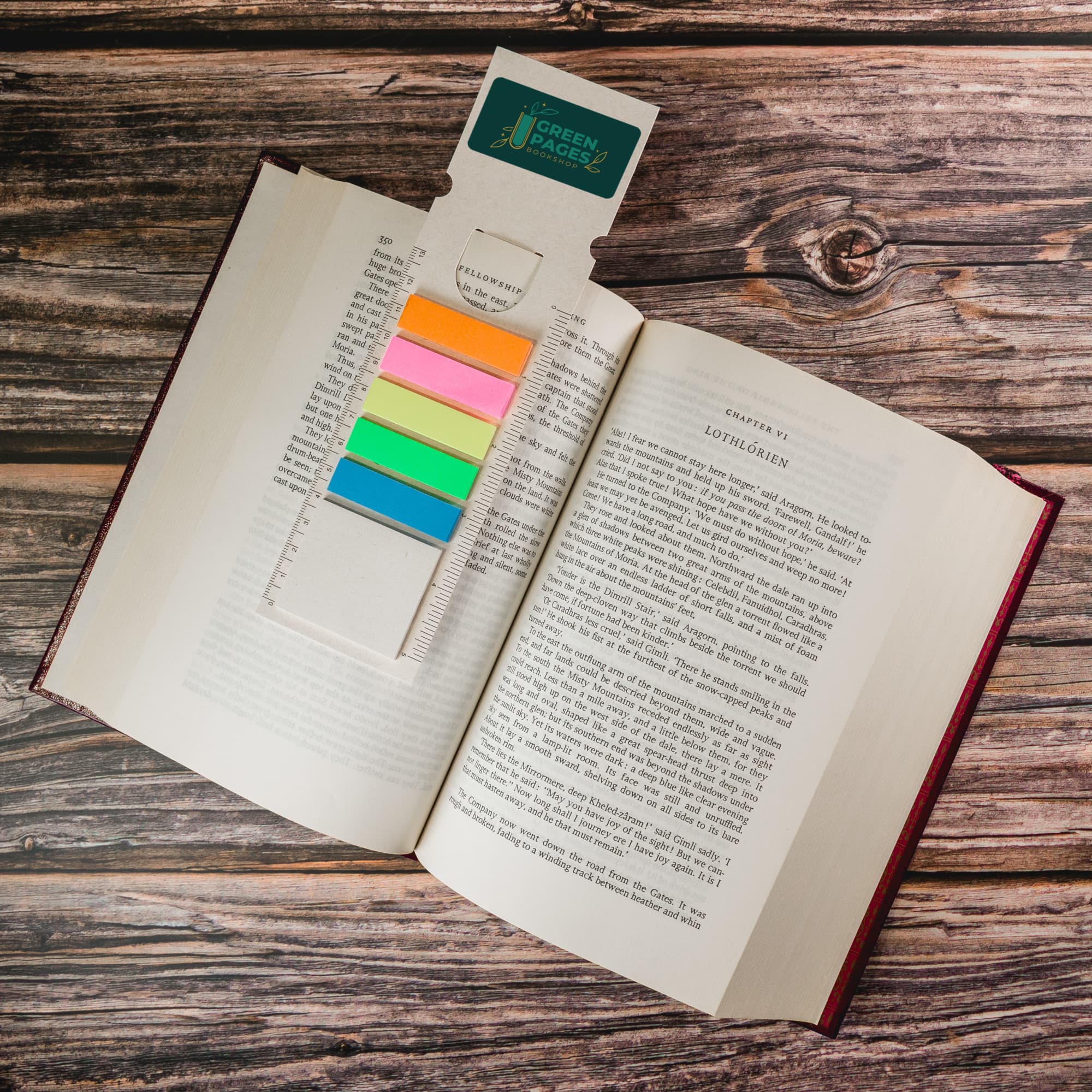 A Rectangle Milk Carton Bookmark featuring colorful sticky notes on a book page, with a design element at the top.