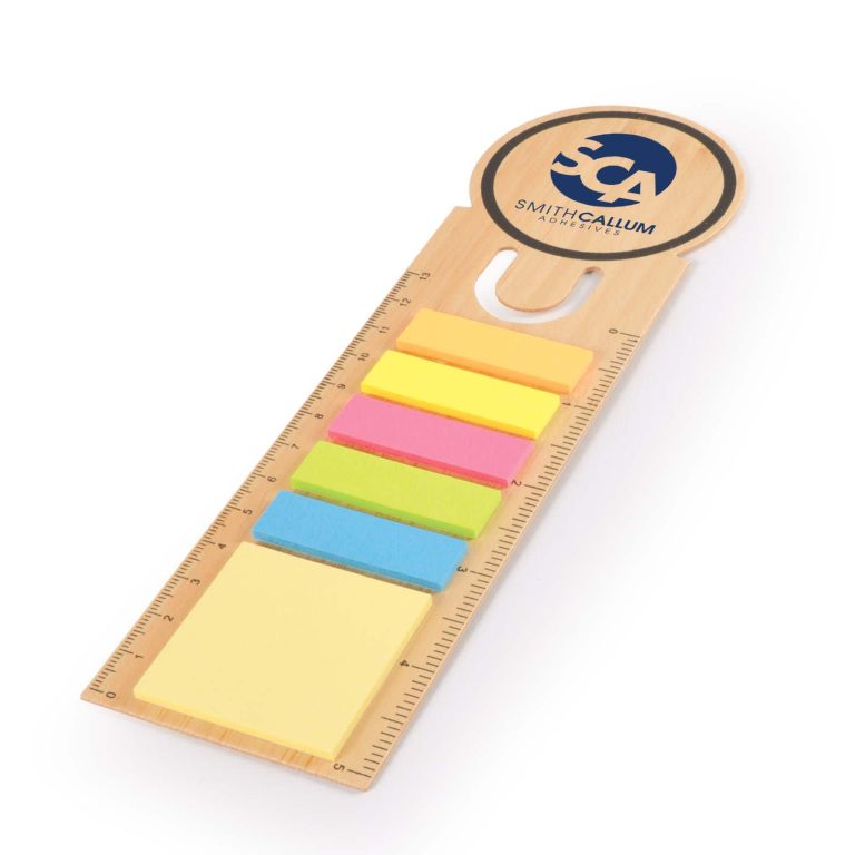 A bamboo bookmark featuring a ruler design and multiple colored sticky notes. The top of the bookmark displays a logo.