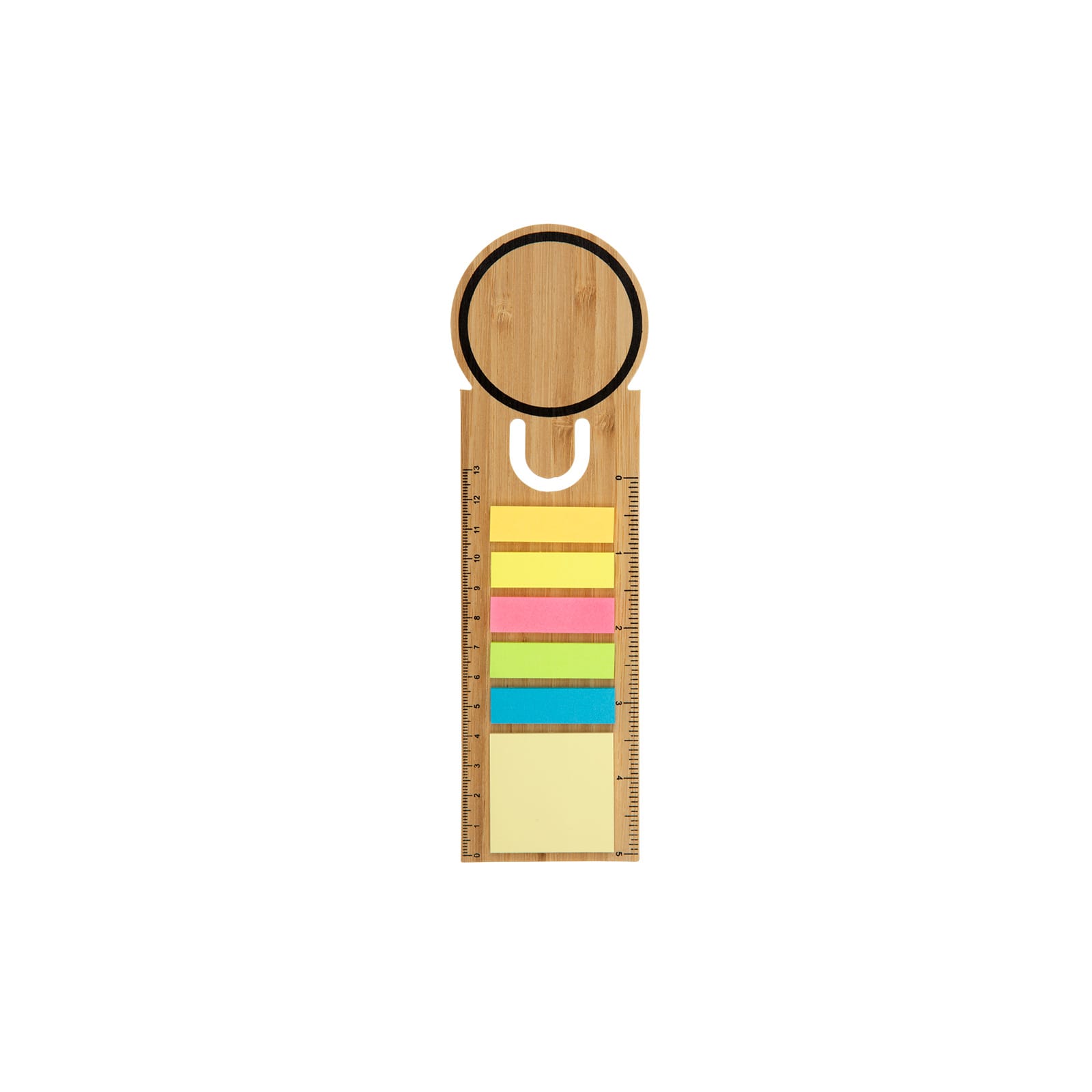 A bamboo bookmark with a circular top and various coloured sticky notes attached, including pink, green, and yellow.