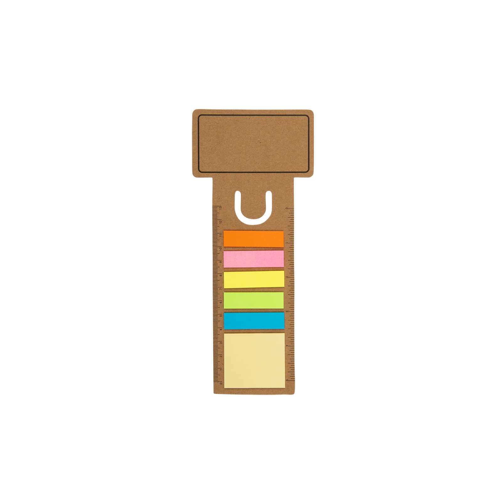 A brown bookmark ruler featuring multiple colored sticky notes in blue, pink, yellow, orange, and green.