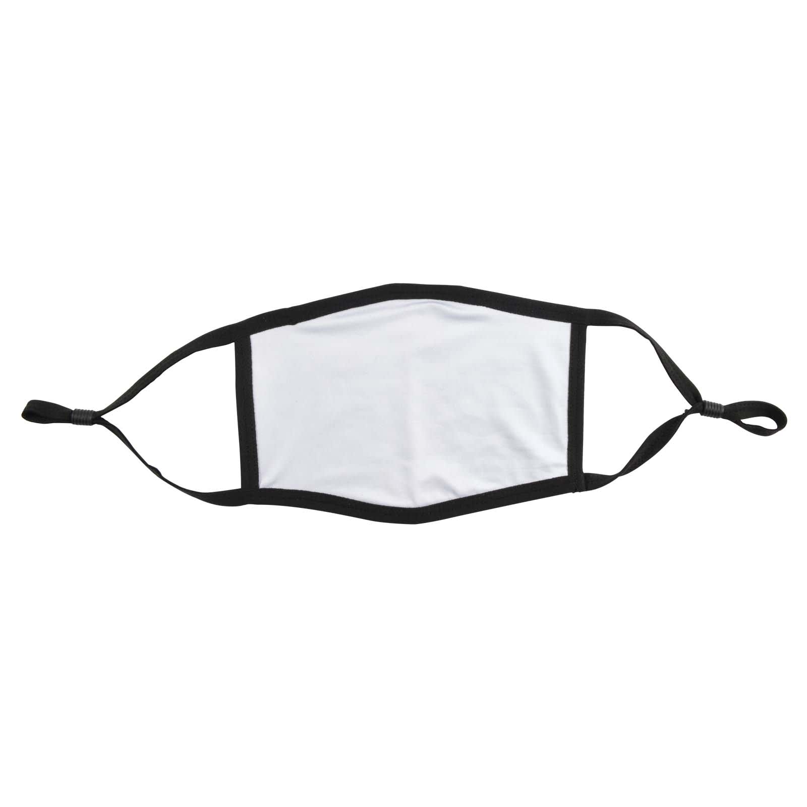 A cotton face mask with a white center and black straps.