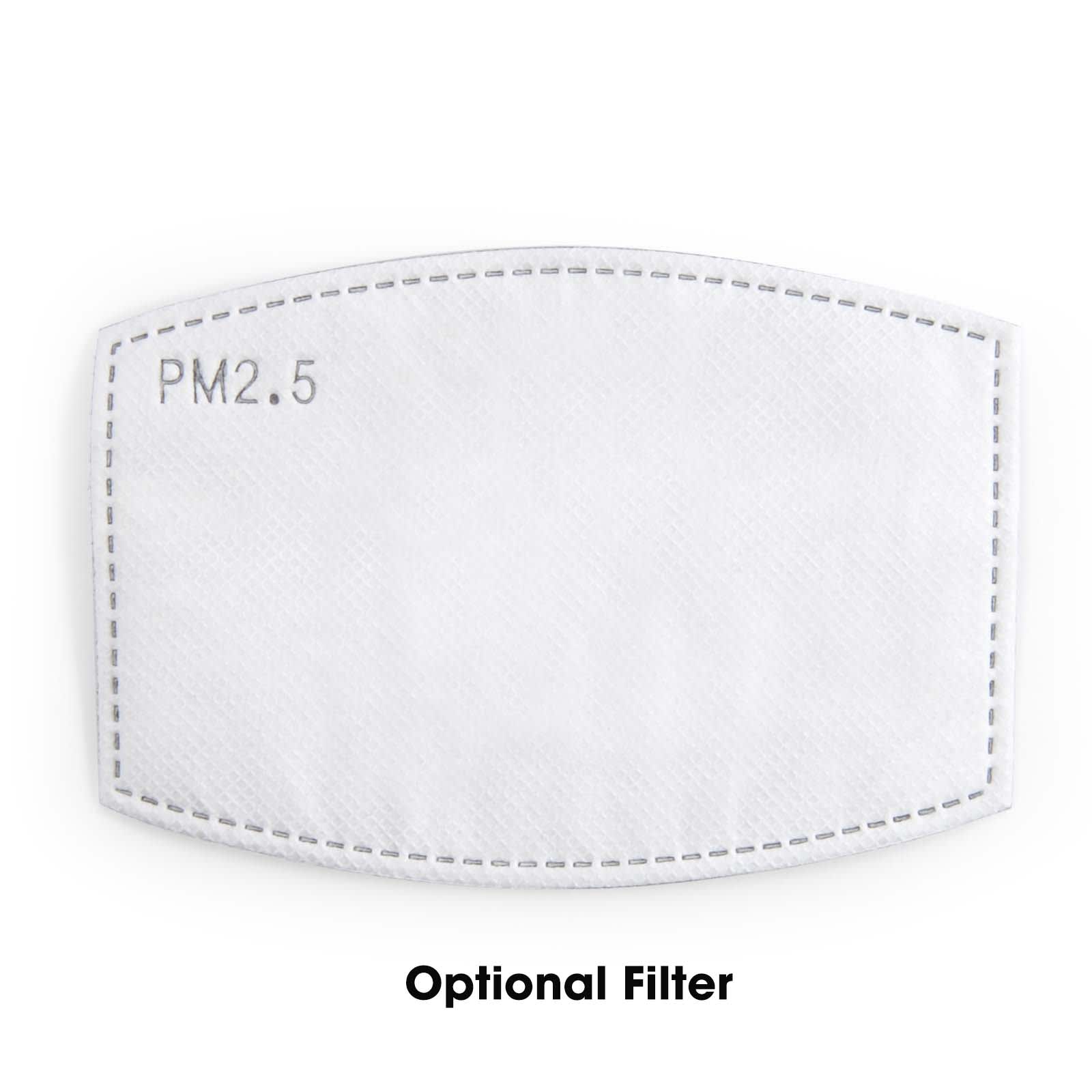 An optional PM2.5 filter designed for use with face masks, featuring a rectangular shape and a white fabric design.