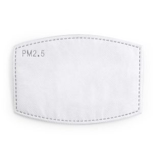 A carbon filter for face masks labeled PM2.5, featuring a white, textured surface with stitching around the edges.