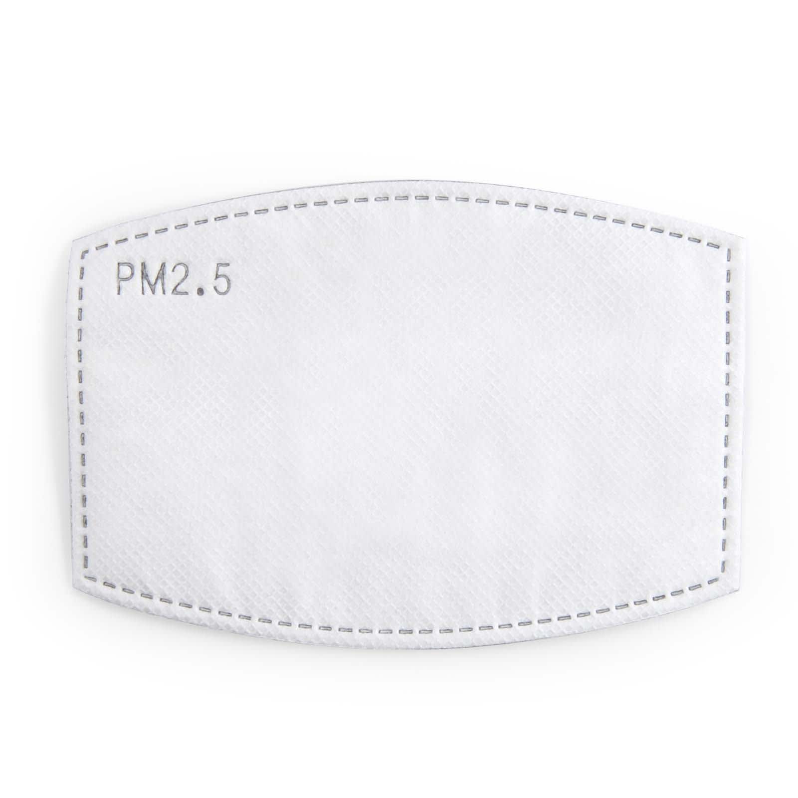 A carbon filter for face masks labeled PM2.5, featuring a white, textured surface with stitching around the edges.
