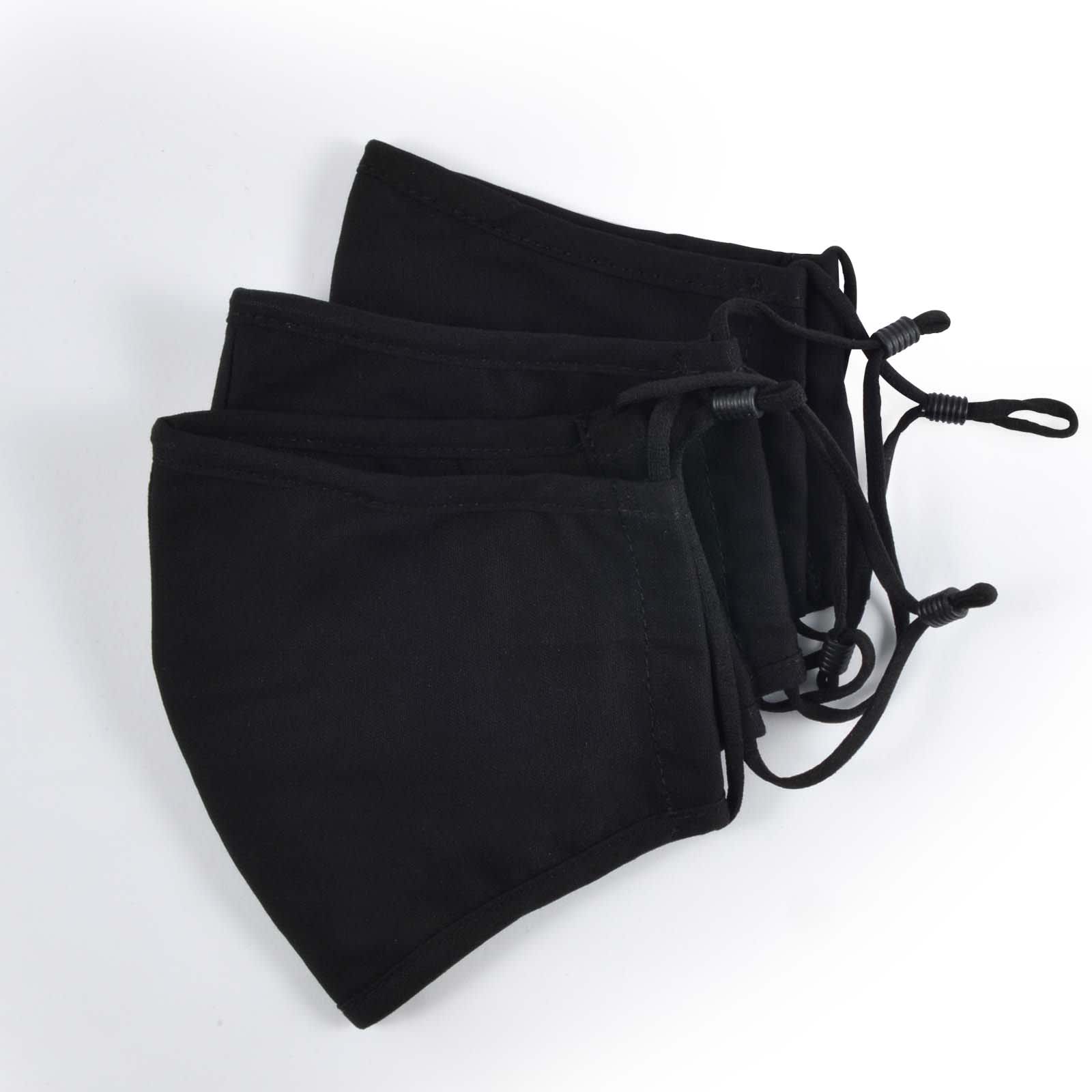 A set of three black deluxe face masks. Each mask features adjustable ear loops for a comfortable fit.