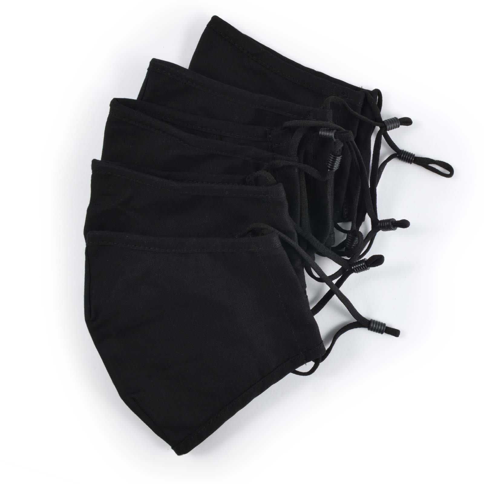A pack of five black deluxe face masks, featuring adjustable ear straps.