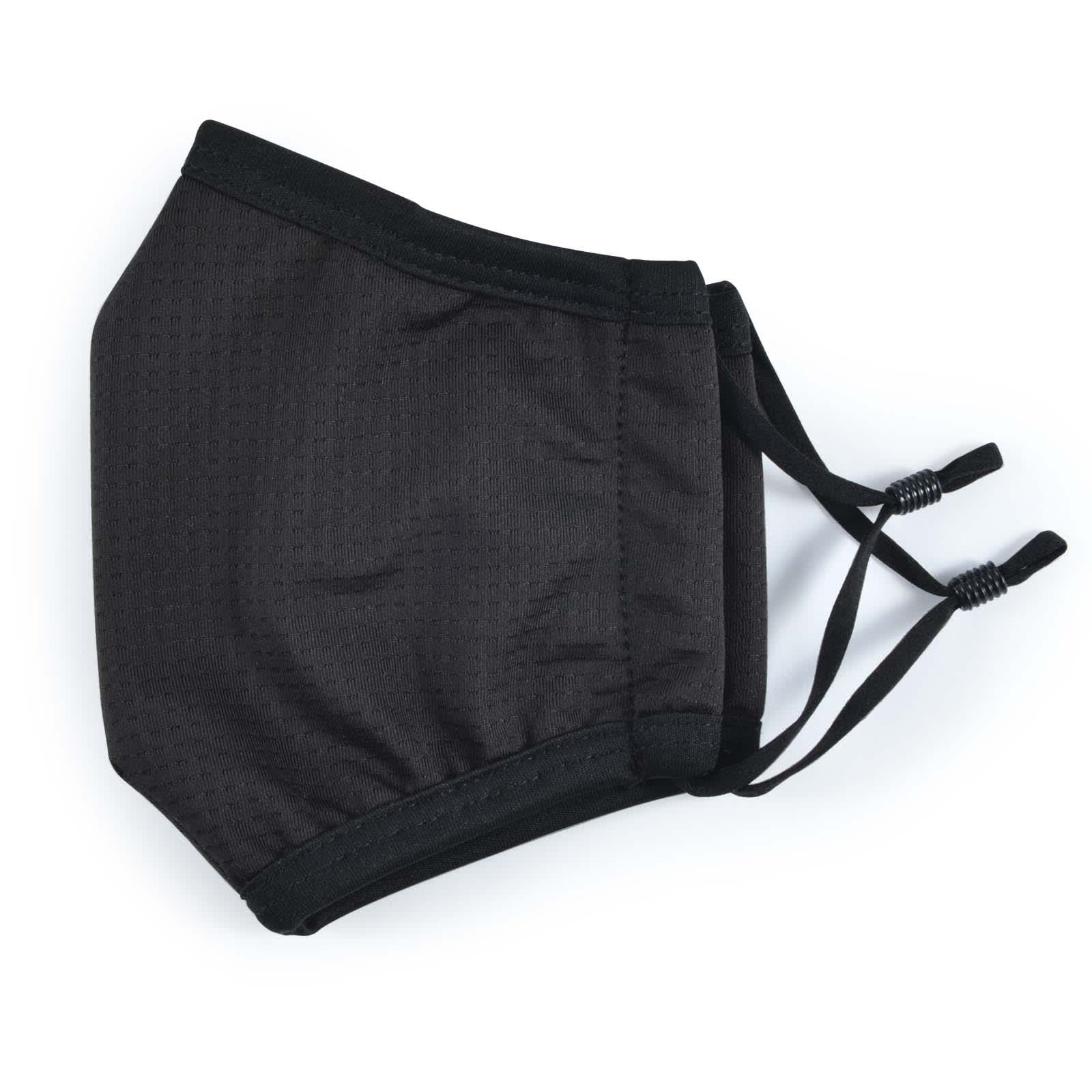 A cooling face mask in a sleek black design, featuring adjustable ear straps for a comfortable fit.