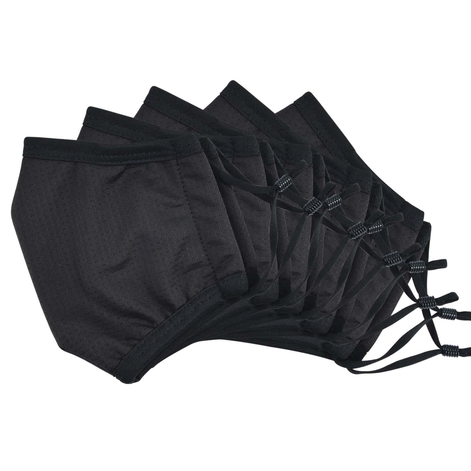 A set of five cooling face masks in black, featuring adjustable ear loops for a secure fit.
