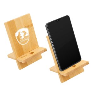A bamboo phone stand displaying a smartphone, featuring a logo on one side and a smooth wooden finish.