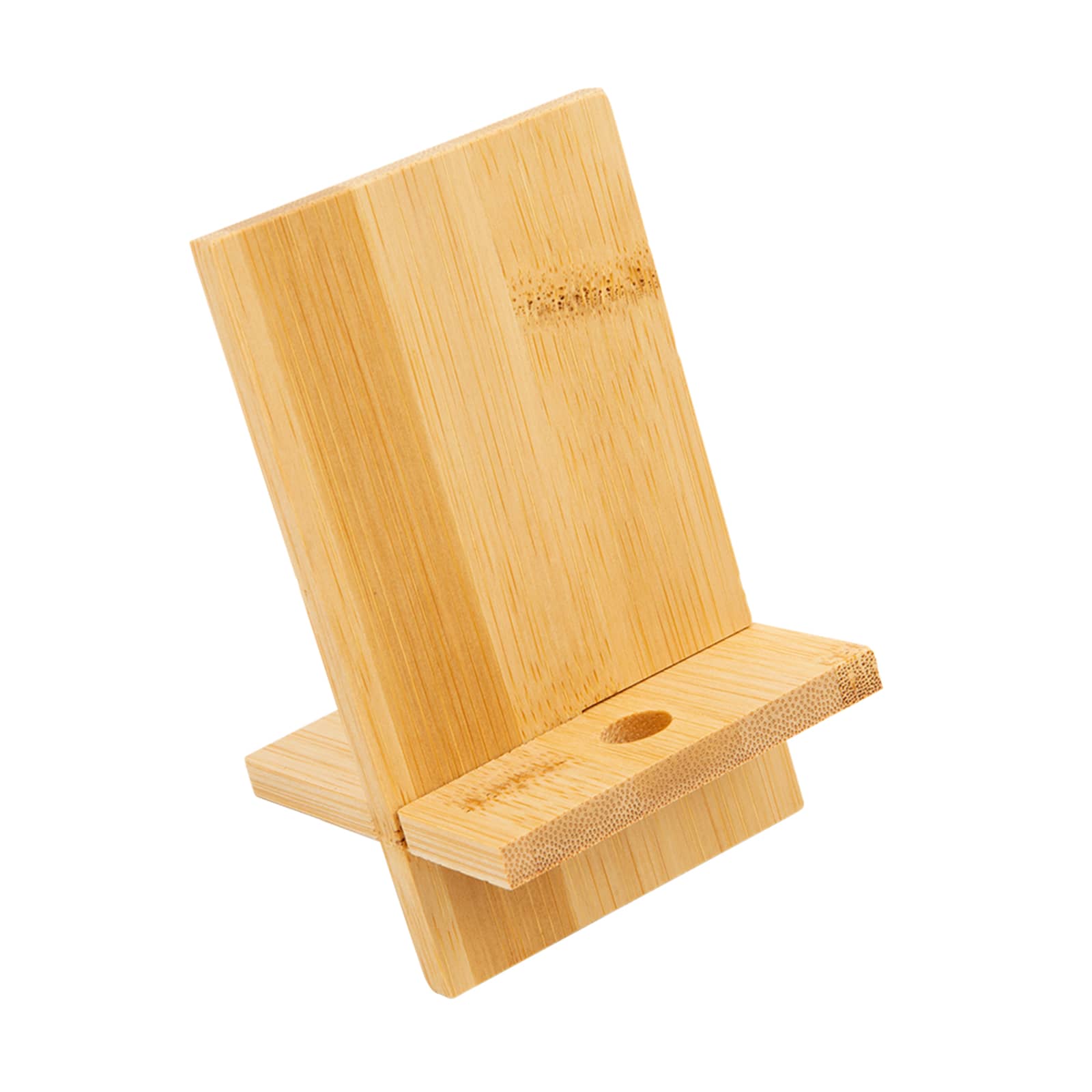 A bamboo phone stand featuring a logo, with a natural wood finish and a functional design for supporting devices.