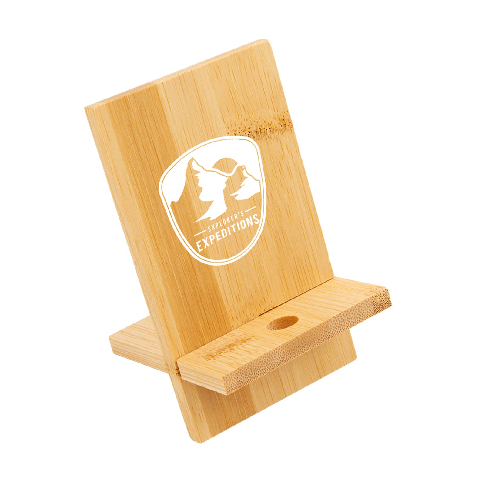 A bamboo phone stand featuring a logo, with a natural wood finish and a minimalist design.