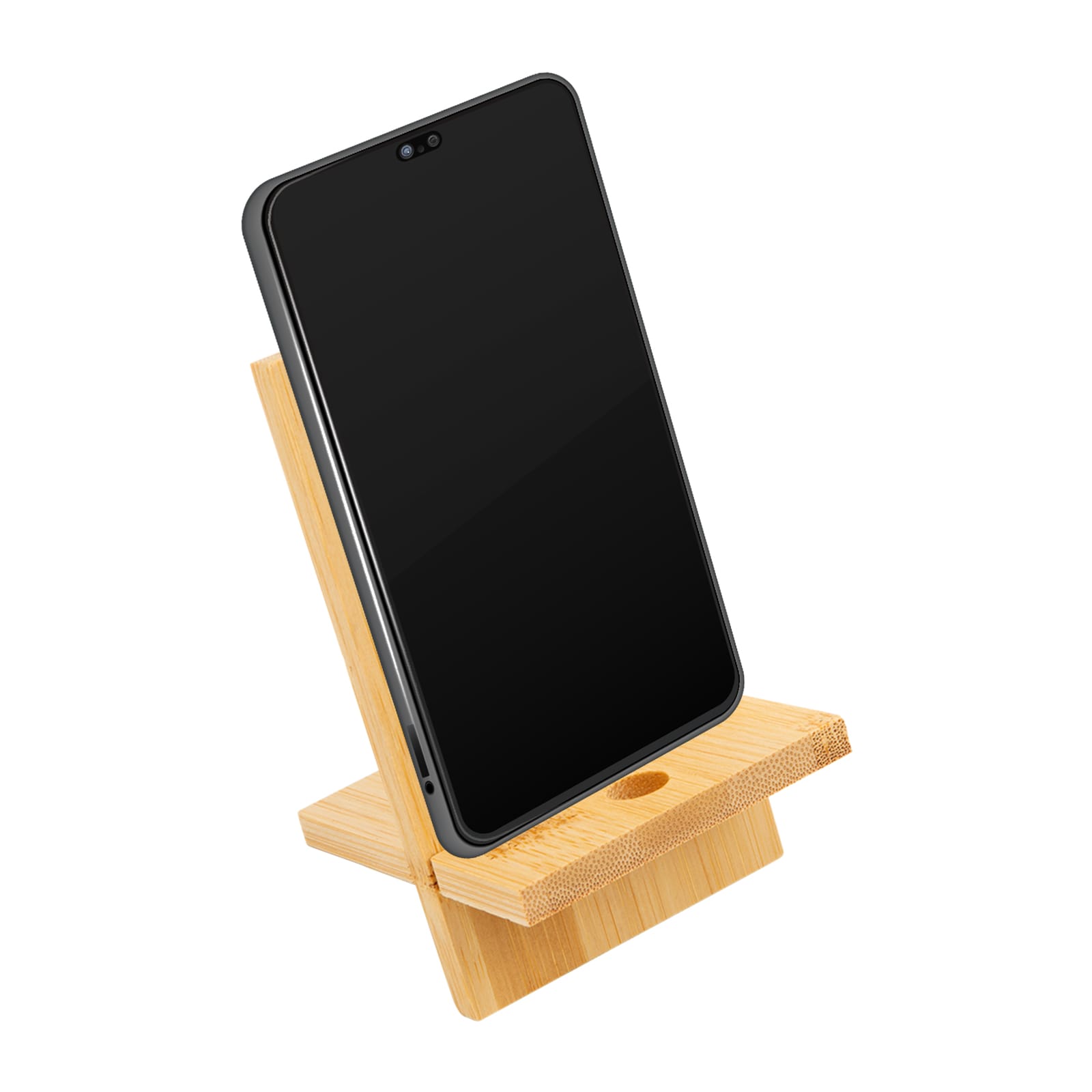 A bamboo phone stand holding a smartphone, showcasing its natural wood finish and minimalist design.